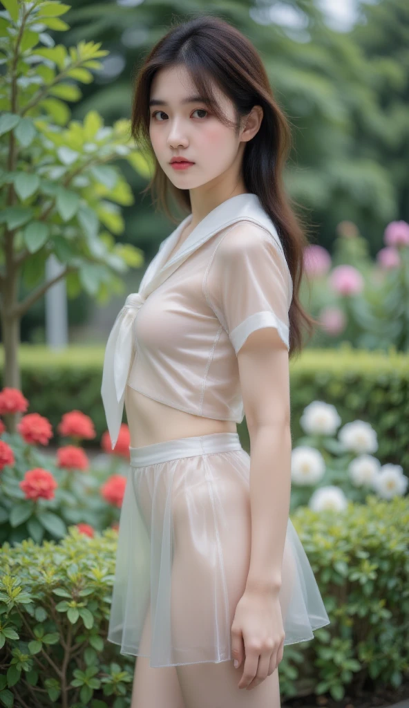 28-year-old woman wearing a white silk shirt with extremely thin fabric, her shirt is wet, her miniskirt is stuck to her body, her whole body is wet in the city in heavy rain, her hair is short, (layer cut: 1.9), (16K), (top quality: 1.2), (realistic), (photorealistic: 1.37), ultra detailed, professional lighting, (no bra), (no panty), elegant pose,