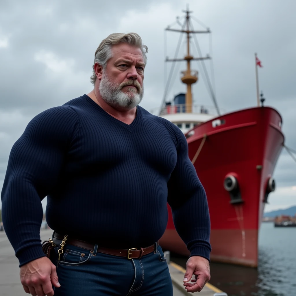 Coastal sunset fades to embers as a majestic sailor stands tall on the prow of his ship. A 60-year-old giant of a man, he's a study in contrasts: rugged muscles ripple beneath his sun-kissed skin, while a hint of softness plays around his chubby cheeks. His piercing blue eyes sparkle like the sea as he gazes out at the horizon, his bushy beard blowing gently in the ocean breeze. The warm glow of the setting sun casts long shadows across the ship's deck, highlighting the sailor's imposing physique as he stands proud, a symbol of rugged masculinity and unyielding adventure.
