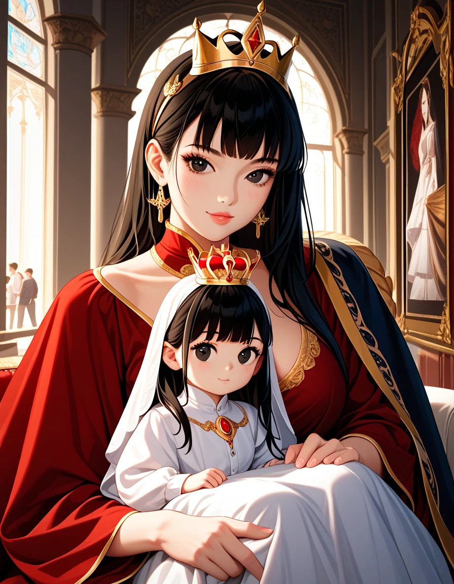 Queen,red,Majesty,Golden crown,long black hair,Western style palace,Overlooking,red velvet cloak,red black silk dress,Queen Clothing,throne,Adults, pregnant, big belly bump, large breasts.