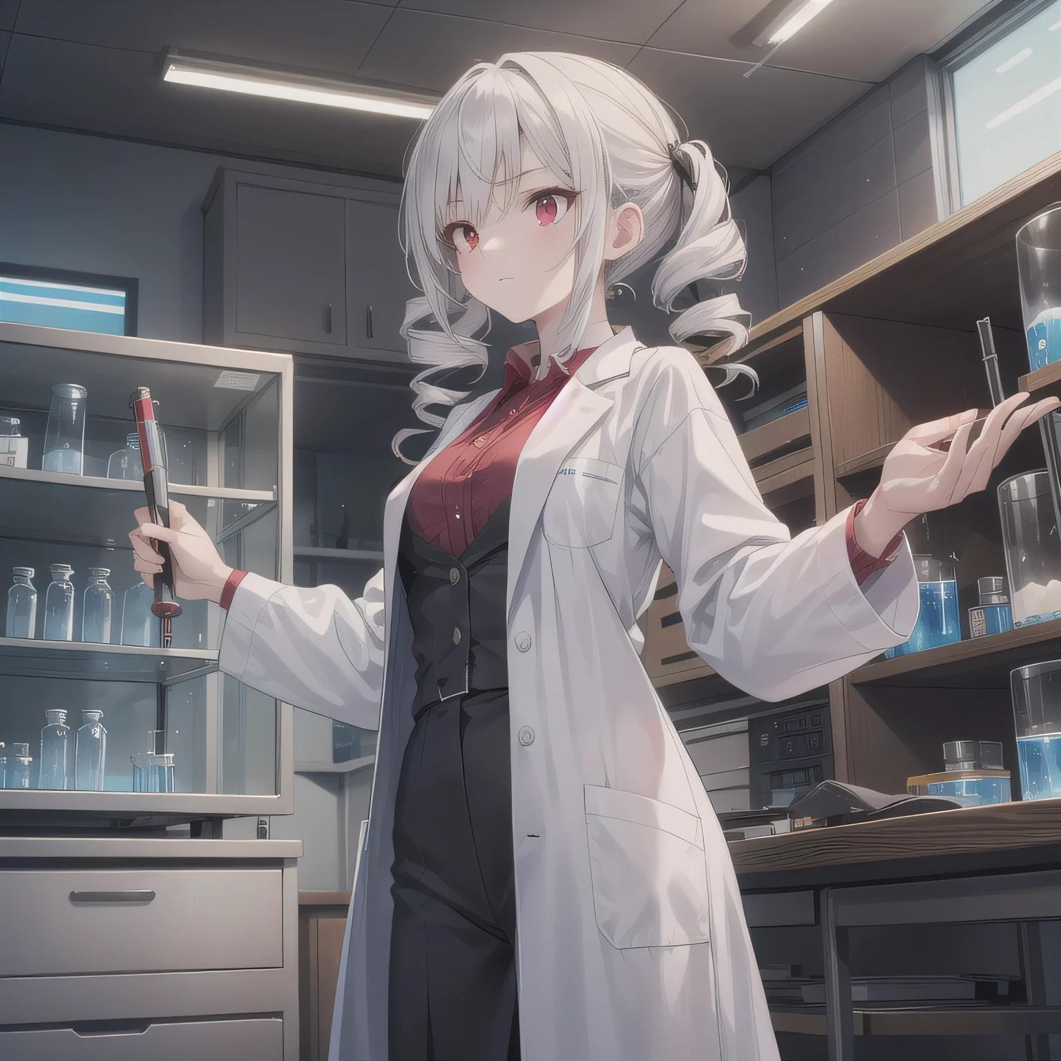 Depict a 20-year-old, stunningly beautiful woman conducting an experiment in a well-equipped science lab. She wears a pristine white lab coat over professional attire, her expression focused as she carefully handles scientific instruments. Whether her hair is long and neatly tied back or short and styled, she maintains a meticulous appearance suited for the lab environment. The background features shelves filled with scientific equipment, adding to the immersive atmosphere of the setting. (Drill Hair: 1.5), White Hair, Long Hair, Pale Skin, (Red Eyes: 1.5), Twin Drills.