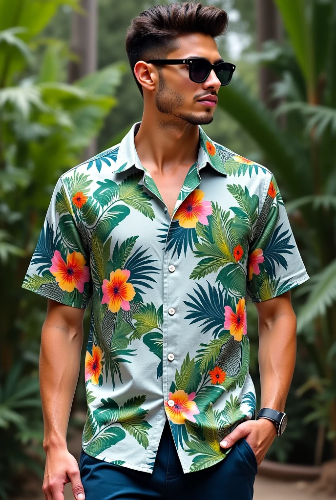 a man, thin, dark-skinned indigenous type, Latino, short black hair, large gray beard, 45 years old, short-sleeved button-down shirt with a colorful vintage tropical print with lots of flowers, surfer shorts. having a drink on the beach. sunny day, warm tones, image and whole body