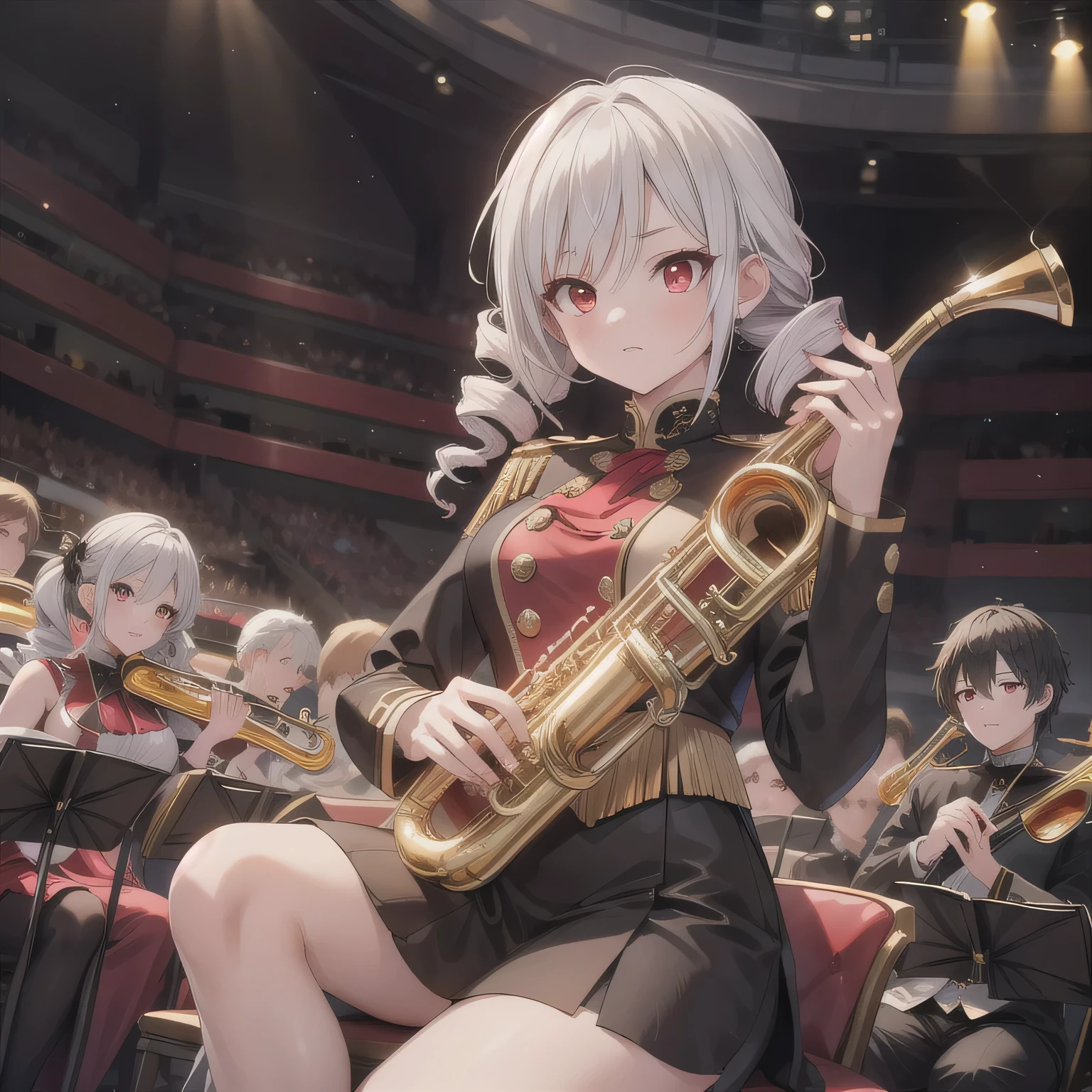 Depict a 20-year-old, dazzlingly beautiful woman playing a brass instrument in a grand concert hall. She wears an elegant yet practical band uniform, designed with intricate gold embroidery. Her posture is poised, fingers positioned with precision, her eyes focused as she plays passionately. The warm stage lighting highlights the shine of her instrument, creating a visually striking contrast between her and the surrounding orchestra. (Drill Hair: 1.5), White Hair, Long Hair, Pale Skin, (Red Eyes: 1.5), Twin Drills.