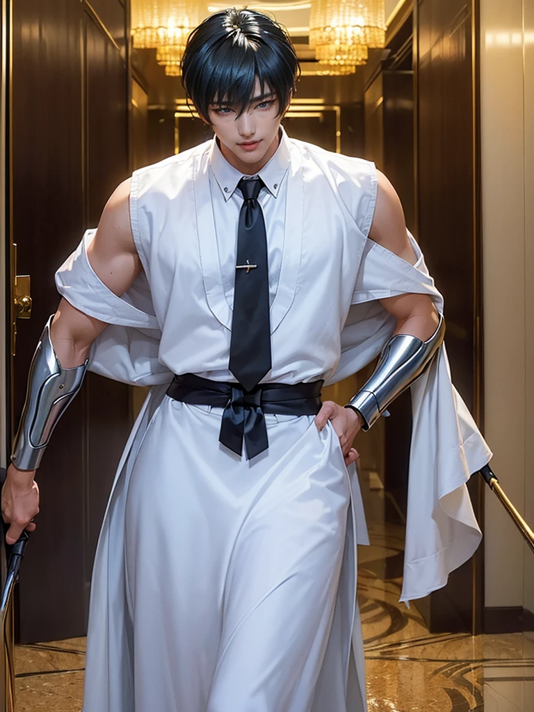 A handsome man good body with Korean face, holding up a long sword, wearing a white gauze jockstraps, standing front the golden throne ancient palace, UHD16k 3d