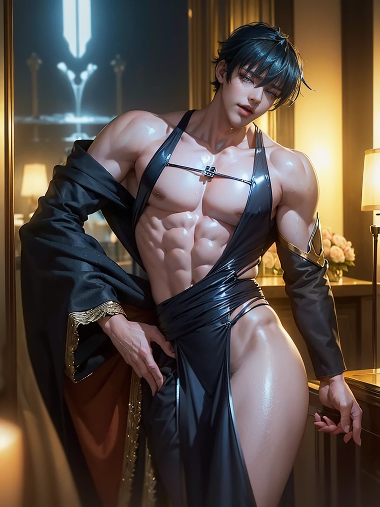 masterpiece, ((masterpiece)), Best quality, complex parts, perfect Whimsical, gentle, a little feminine face, detailed face, Highly detailed and fine figurine, ultra-realistic, detailed body, detailed pectoral muscles, ((Boy's focus)), detailed muscles, convex, (((A handsome boy, 17 years old))), athletic build, ((ideal body)), aesthetically beautiful, erotically tempting, seducing, offering himself With a beautiful sexy tango panti With round perfect buttocks, Rear view from bottom to top muscular, sweaty after a workout, In a Venetian mask with peacock and bird of paradise feathers, In White, red and gold colors, diamond chips all over the body , Watercolor, in the style of Caravaggio