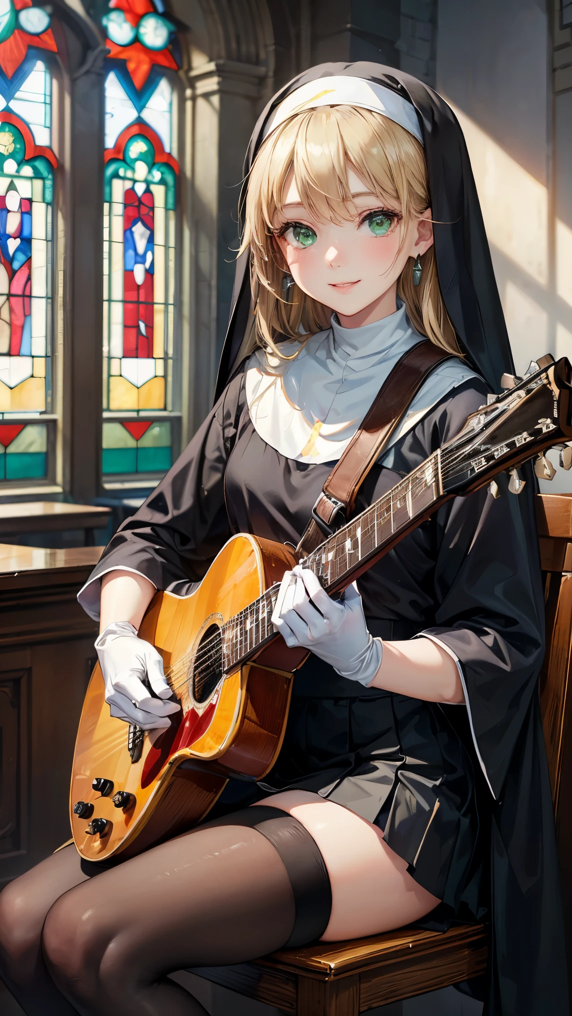 1 girl ,long blonde hair ,((Clear green eyes)),((Nun in religious clothes)),((4K,8k,CG Unity,masterpiece,masterpiece, best quality :1.5)),Official image,Perfectly correct anatomy,((photorealistic:1.2)), bust up ,((Happy smile)), perfect beautiful girl , very cute face , beautiful woman, supermodel , for a beautiful touch down to the details , beautiful lips, High Definition Acrylic Painting , Very Pretty, Smooth Hair , Professional lighting , perfect hand shape , black pleated micro mini skirt, black knee-high stockings ,white gloves, small sparkling earrings , Stained Glass , church background,((sitting on a chair playing guitar)),so cute, Best Works of Art