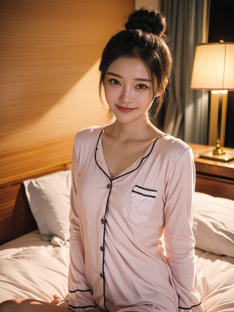 (Woman wearing pajamas、Light colored pajamas)、20 year old Japanese woman、Cute woman、(Highest quality、high resolution、High resolution、masterpiece:1.3)、nice smile、Gaze Here、Perfect proportions