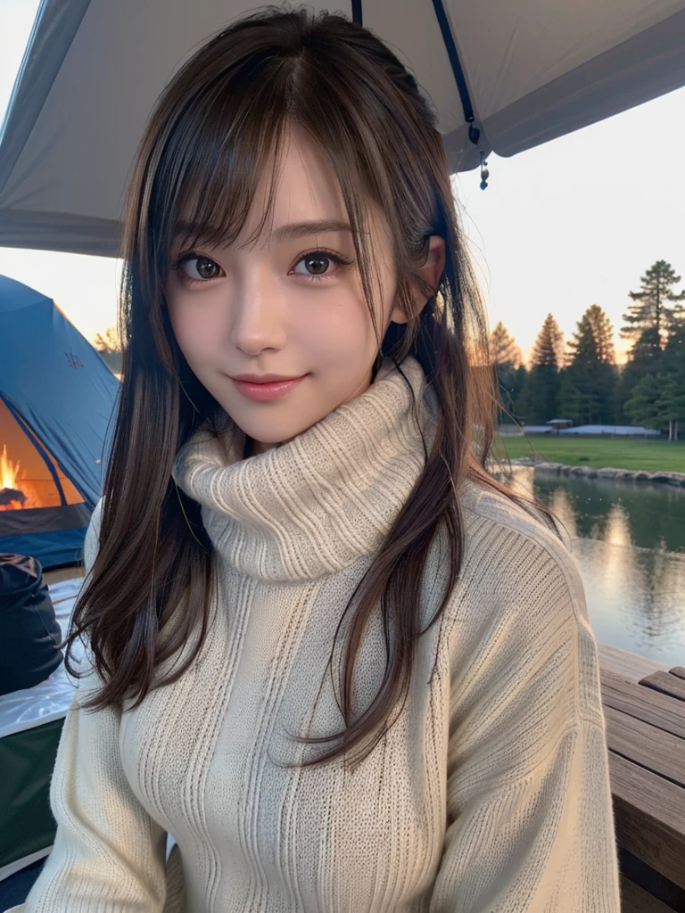 photograph, 美しい女性のphotograph, selfie, Upper body, alone, wearing a pullover, outdoors, (night), Mountain, real nature, performer, moon, Hilarious, Happy, gloves, sweater, Beanie hat, forest, rock, river, wood, cigarette, fog, looking at the viewer, skin texture, photographの粒子, close, RAWphotograph