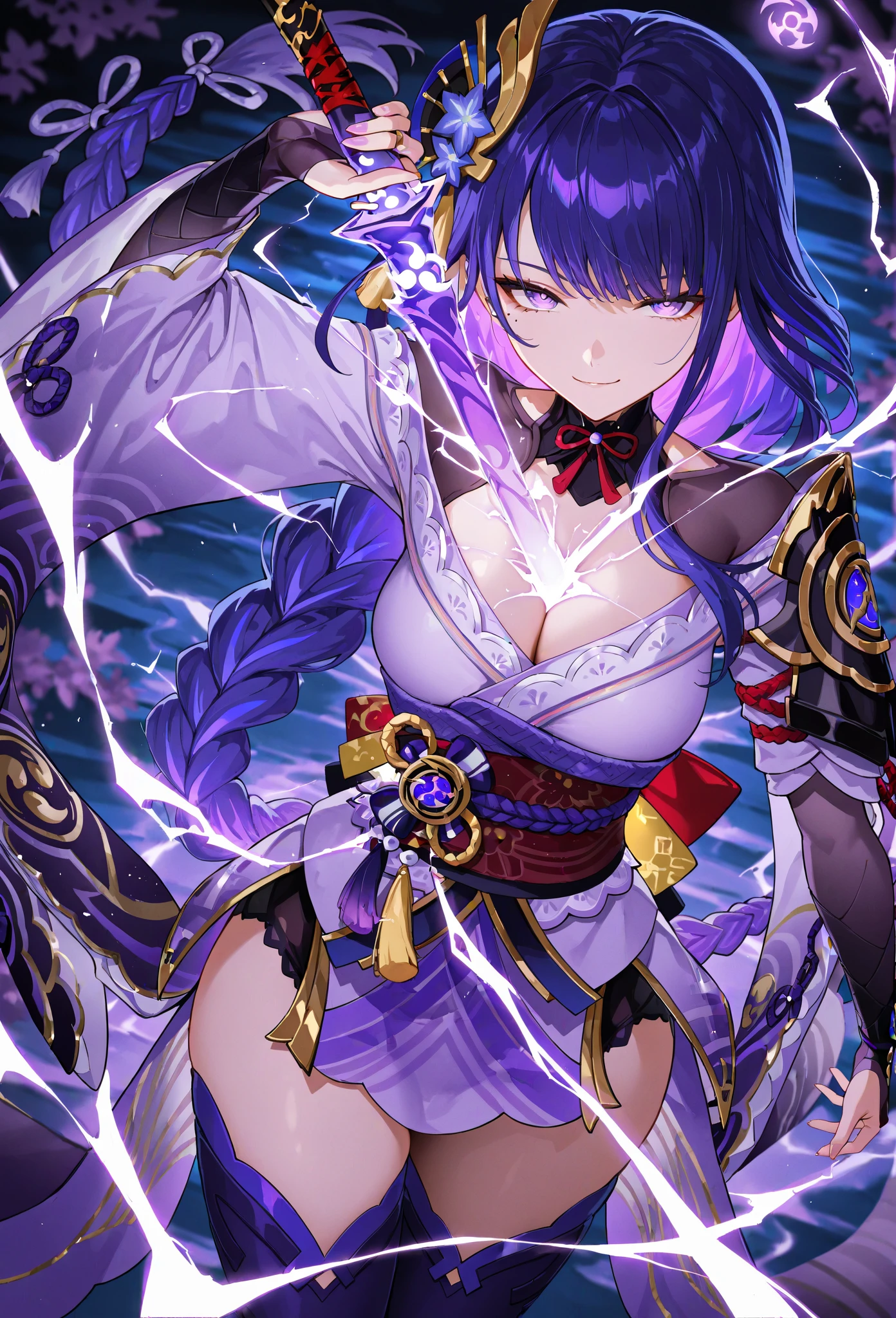 ((Image from the waist up:1.4))Japanese Shrines, (Highest quality,Realistic,masterpiece:1.2,8k wallpaper:1.2),((Pale skin)),One Girl,women only,((raidenshogndef))((Genshin Impact,General Raiden)),Lightning Particles,Purple Lightning,Light background,cherry blossoms,Purple Theme,Delicate facial features,Sexy and beautiful anime girls,General Raiden,Long purple hair,Rosy lips,Anime Mouth,large breasts, Beautiful cleavage,Slender figure、Thin legs、smile