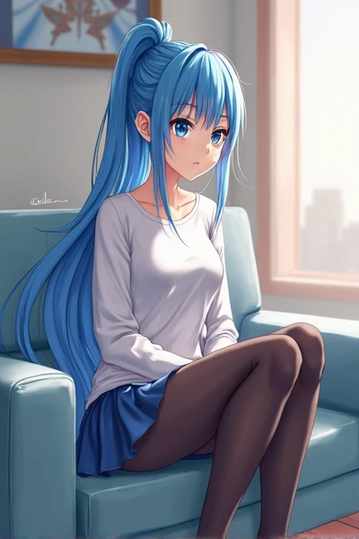 Blue hair, Girly, Half, Thighs, Shy, Cat ears, White stockings blank background feet