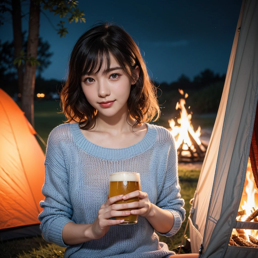 cute, 15歳のアイドルのように幼く見えるてcute20歳の日本人少女、Cleavage、Campsite at night、Toasting with a handsome middle-aged man with wine、whole body、RAW Photos、Genuine、Real、realism、Raw photo、High resolution、Life、No copyright notice