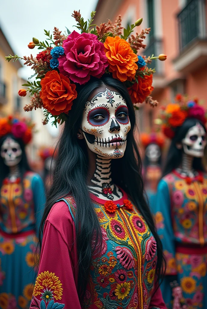 "Day of the Dead Celebration": A panoramic image depicting a vibrant Day of the Dead celebration, with Catrina La Muerte at the center of the festivities, surrounded by colorful altars, marigold flowers, flickering candles, and joyful crowds dressed in traditional attire, Surrealism, color field printing, high detail, UHD, 8k, anatomically correct, cinematic lighting 4d quality --auto --s2