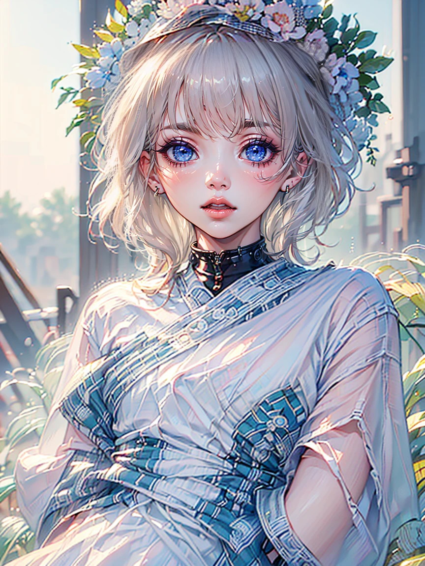 Glass House. A young woman with white hair, bang. Stunning beautiful artwork, gloomy, maximalist, retro anime art, vintage 90's anime, Akira style