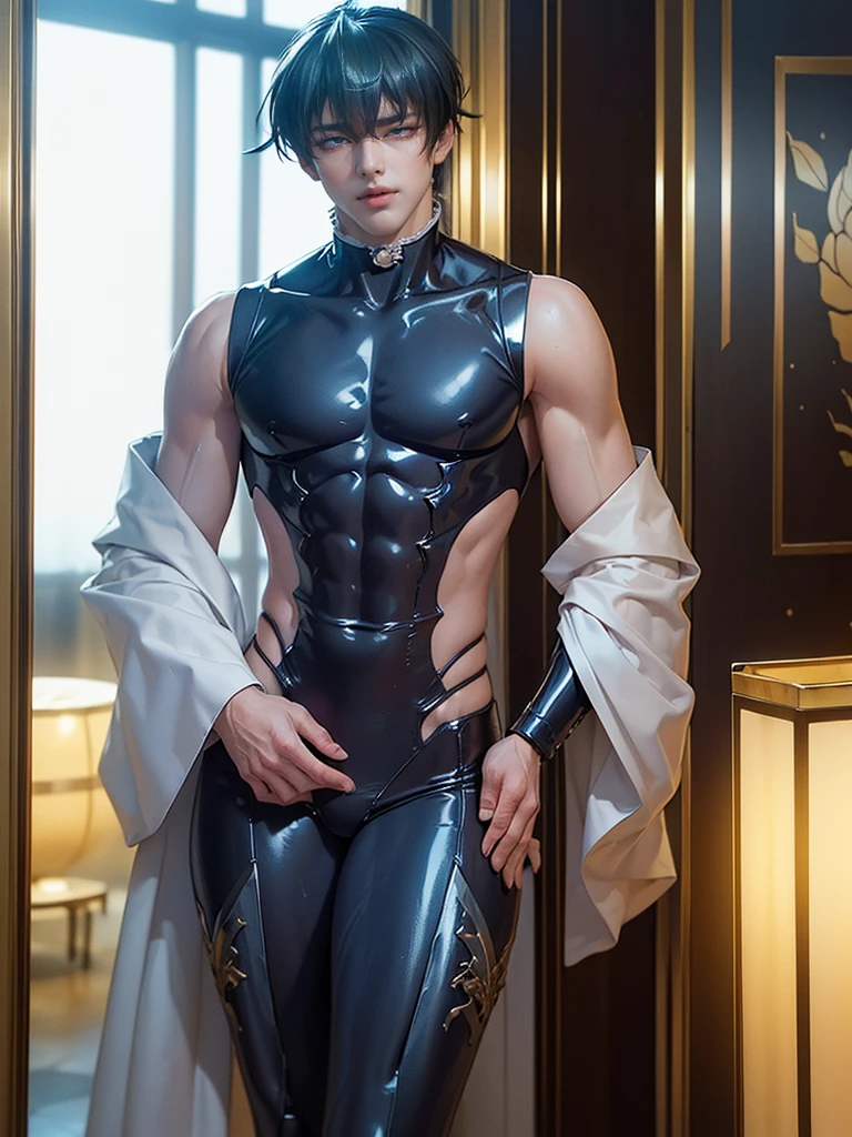 Japanese Handsome model male smile Black Hair Short cut Short hair looking at the camera Shiny full-body silver leotard Mega Bulge looking at the camera future world There is one full moon in the background Face close-up Bunny ears Metallic Silver Leotard Mega Bulge Leg spread