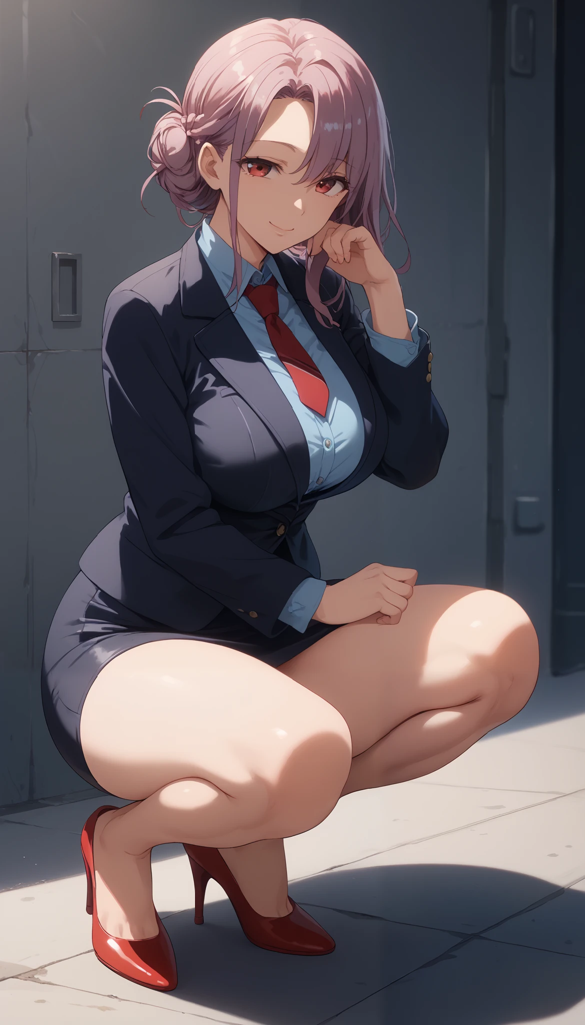 ((Correct Anatomy)),((Lace panties)),((high school girl)),((school uniform)),(((Pleated mini skirt))), ((White blouse)),((Beautiful legs)),((Beautiful feet)),((Correct Anatomy)),((Crouching on the stairs)),Ultra-high resolution, Mature Woman, Mature Woman, Very detailed, ((Big Tits)), Perfect hands, Detailed fingers, Beautiful details, (((Black knee-high socks))),((Long Hair)),((ponytail)),((Beautiful feet)),Black choker, Earrings,loafers,(Black Pantyhose), (Black Stockings),Perfect Eyes, Seductive eyes,School stairs