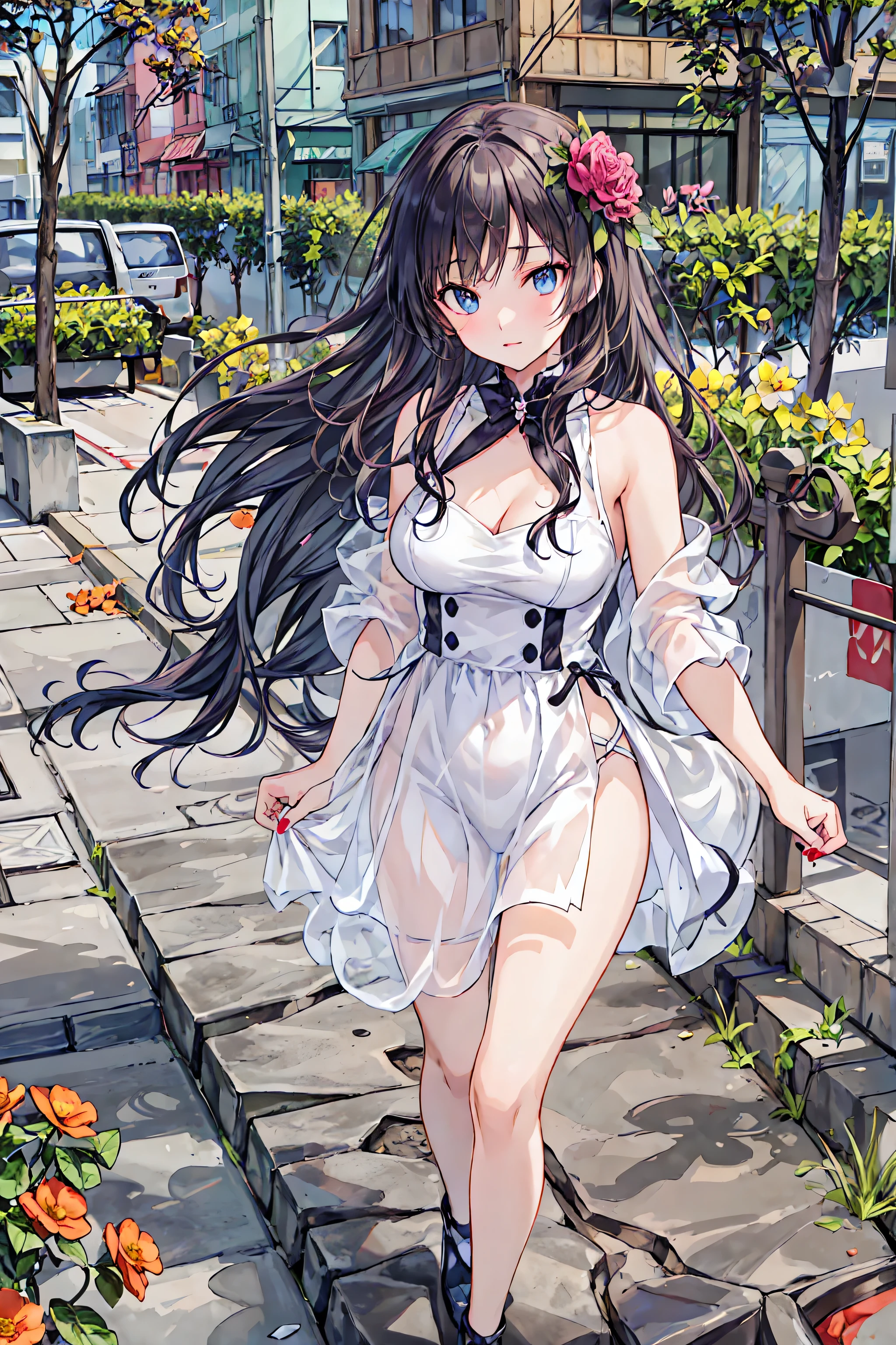 Suzune Horikita, suzune horikita, Long Hair, Black Hair, (Red eyes:1.3), Hair Ribbon, Braiding,blush,smile,Straw hat,Cold Shoulder Shirt,Short sleeve,Long skirt,Cute heeled sandals,Walking,whole bodyがイラストに入るように,
break outdoors, Building district,
break looking at viewer, whole body,
break (masterpiece:1.2), Highest quality, High resolution, unity 8k wallpaper, (figure:0.8), (Beautiful attention to detail:1.6), Highly detailed face, Perfect lighting, Highly detailed CG, (Perfect hands, Perfect Anatomy),