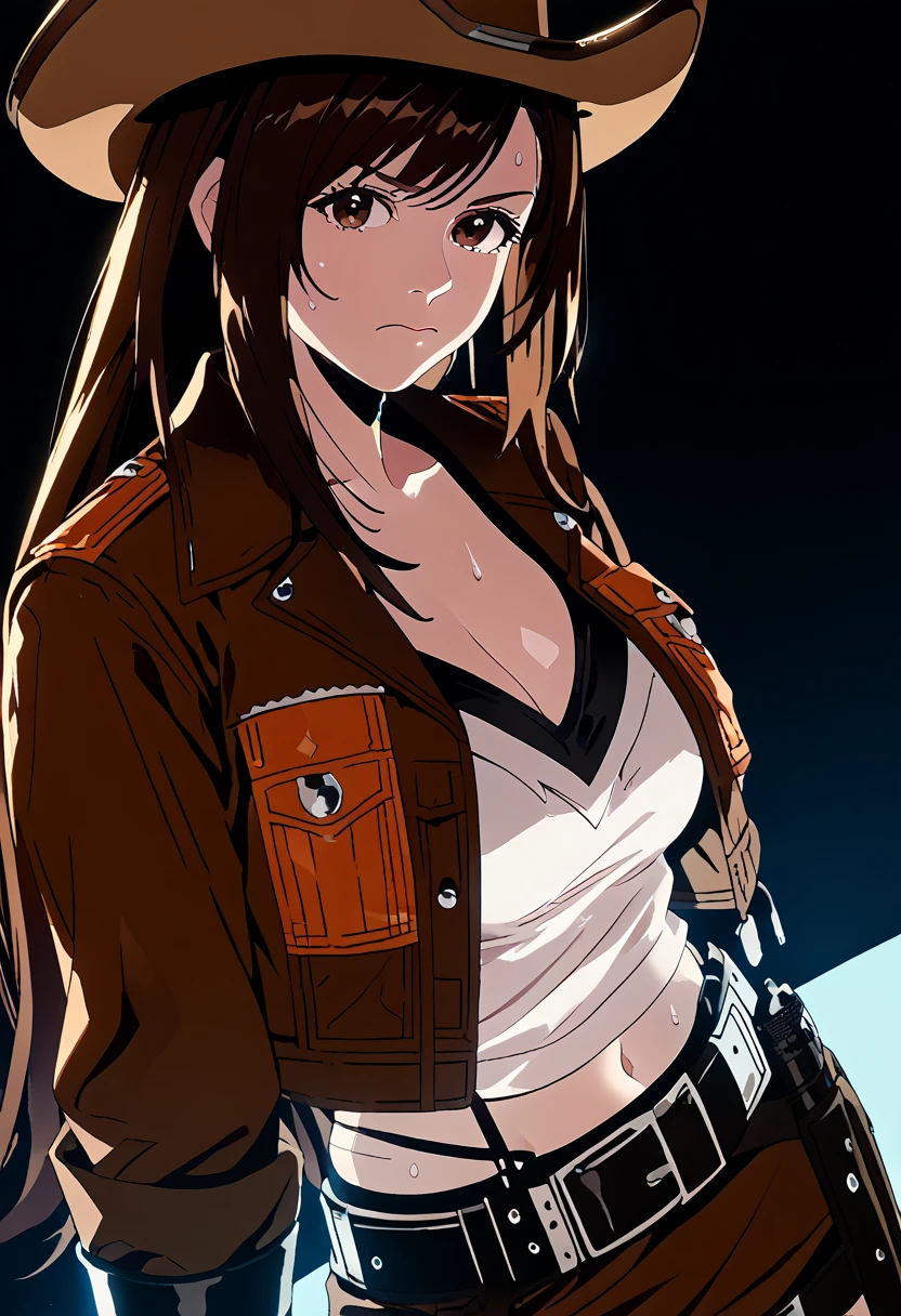 long brown hair, bikini, white flared pants, fingerless gloves, bell-bottoms, grey eyes, ponytail, sniper, scope, bayonet, night, town