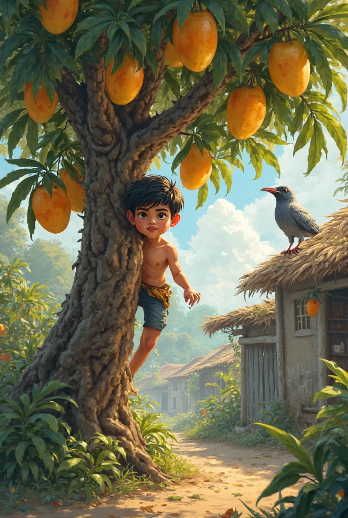 A boy in flip-flops next to a guava tree