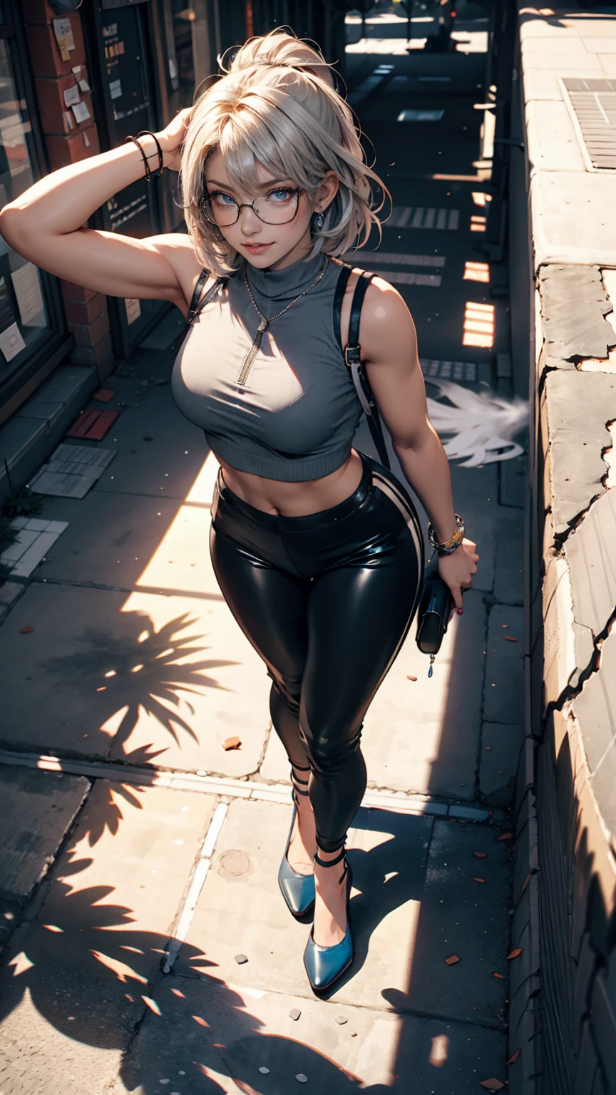 2 female、Silver Hair、Side-swept chignon((good site))、High neck zipper up top、Navel visible、Low rise leggings、pumps、Urban concrete wall(Spray art)Lean on、Sunlight from above、Don't look at the audience、Long eyelashes、sexly、eye make up
