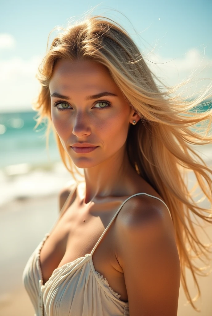 a beautiful blonde woman with electric blue eyes, head on, dressed in blue with bare shoulders and hands behind her head