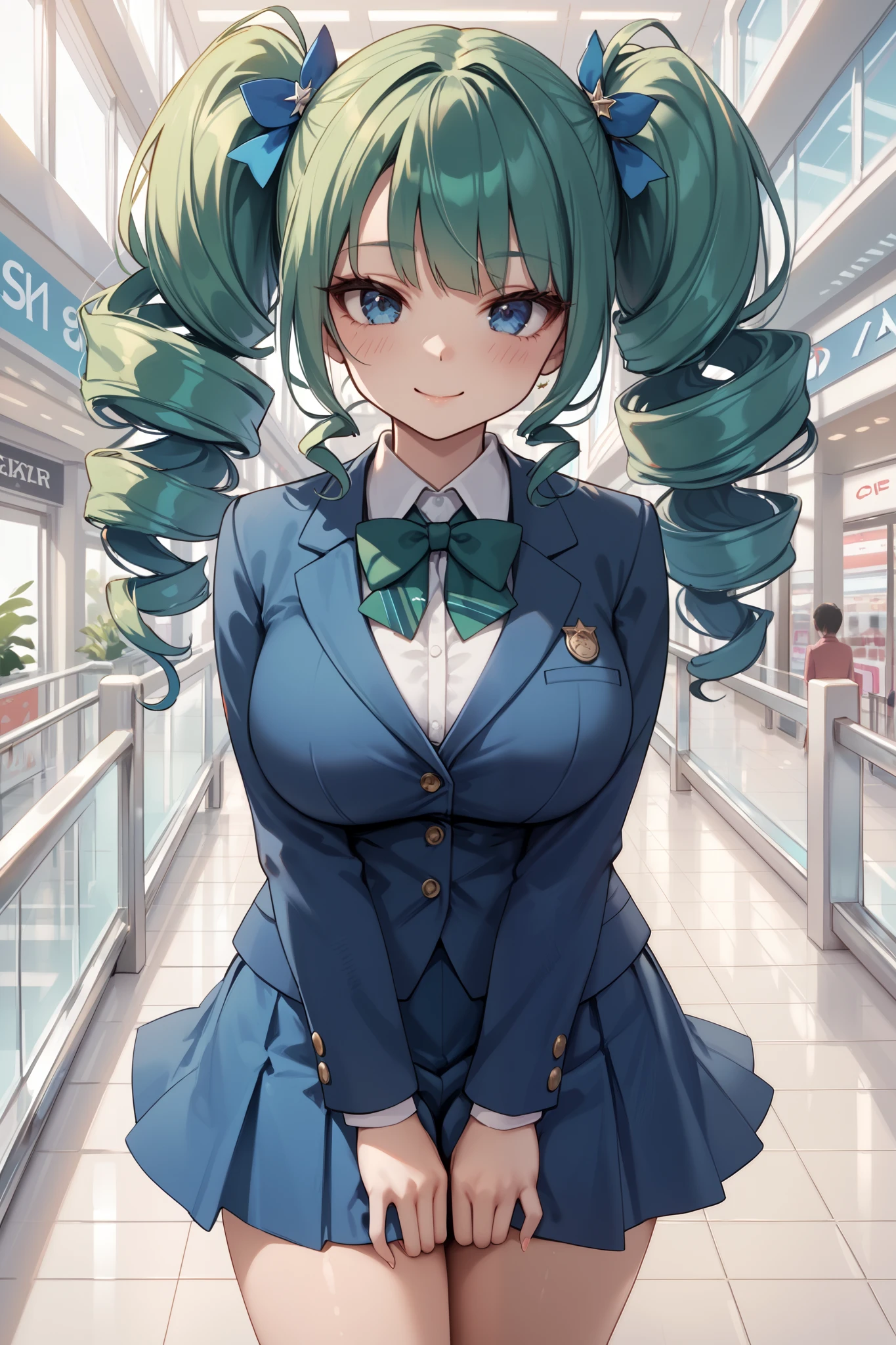 score_9_up, score_8_up, score_7_up, 1girl, solo, source_anime, mega twin drills, big hair BREAK 

Green hair, blue eyes, large breasts, hips BREAK 

Blue collared shirt, long sleeves, green bowtie BREAK blue vest, blue skirt BREAK 

Indoors, mall, standing, looking at viewer, light smile, blush, between legs BREAK
