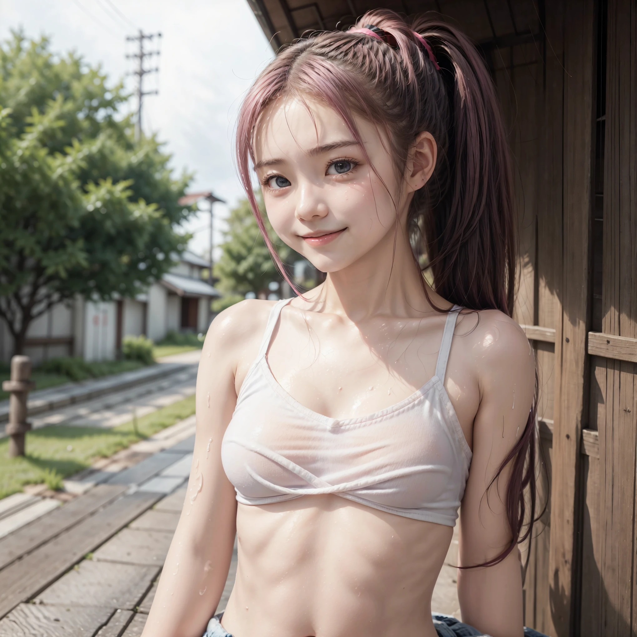 (Cute Japanese girl with pink ponytail hair)、smile、、My clothes are wet from the rain and I can see through my nipples、white t-shirt、 jeans、(flat chested:1.5)