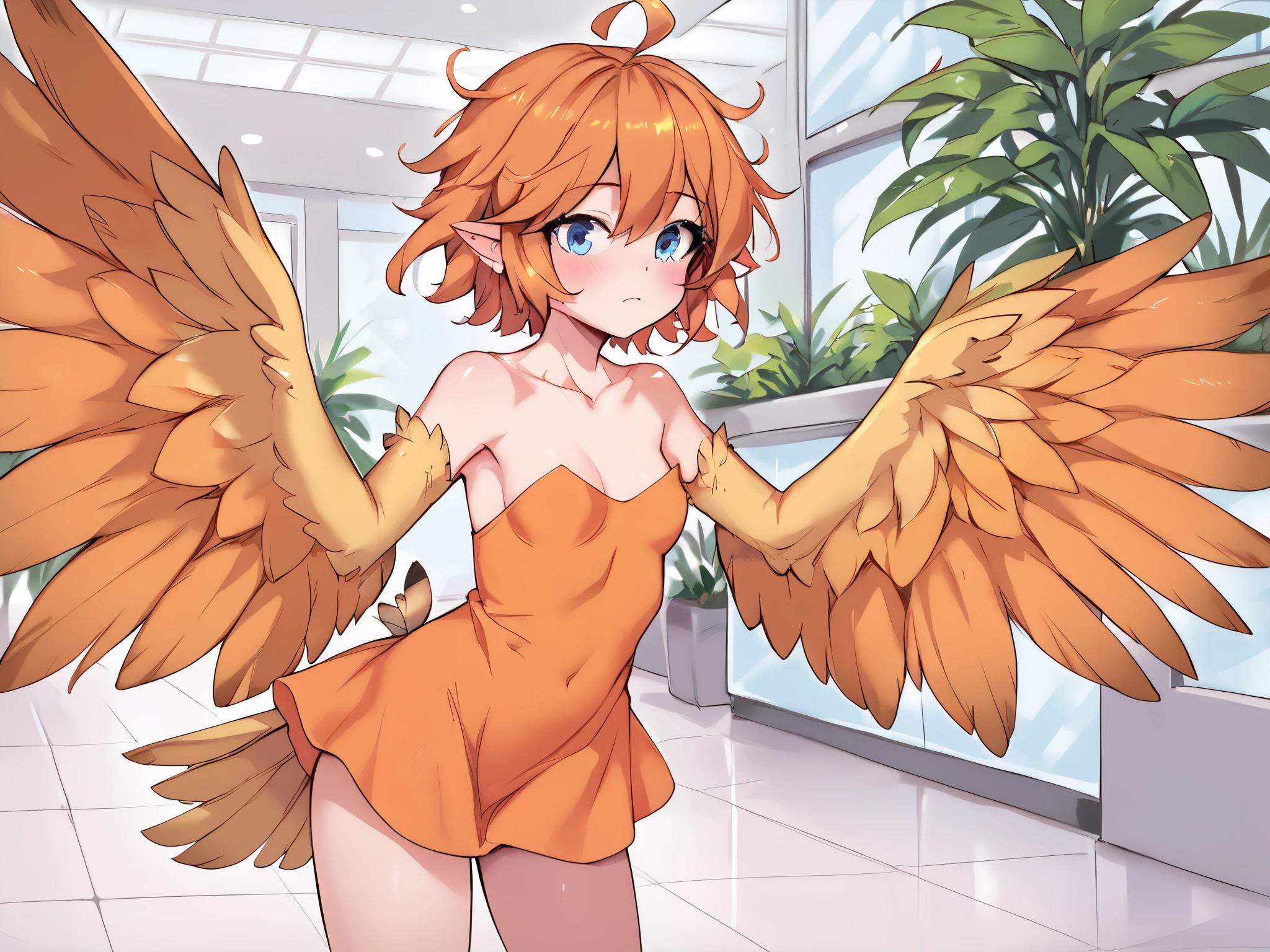 score_9_up, score_8_up, score_7_up, 1girl, solo, source_anime, feather winged arms, bird tail, bird legs, bird wings, harpy BREAK
Orange hair, short hair, messy hair, blue eyes, ahoge, small breasts, winged arms, feathered wings, Orange wings,
Orange dress, bare shoulders, strapless, sleeveless, collarbone BREAK
Standing, closed mouth, standing, indoors, mall, blush