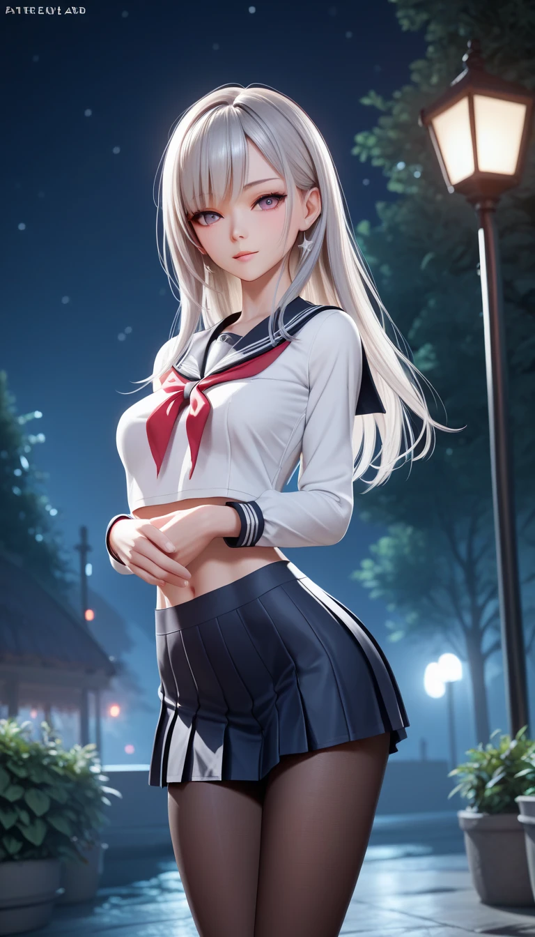 17-year-old Waifu poses, Night, She wears a sailor-style uniform and a mini skirt, tights , , 4K, sexy pose,