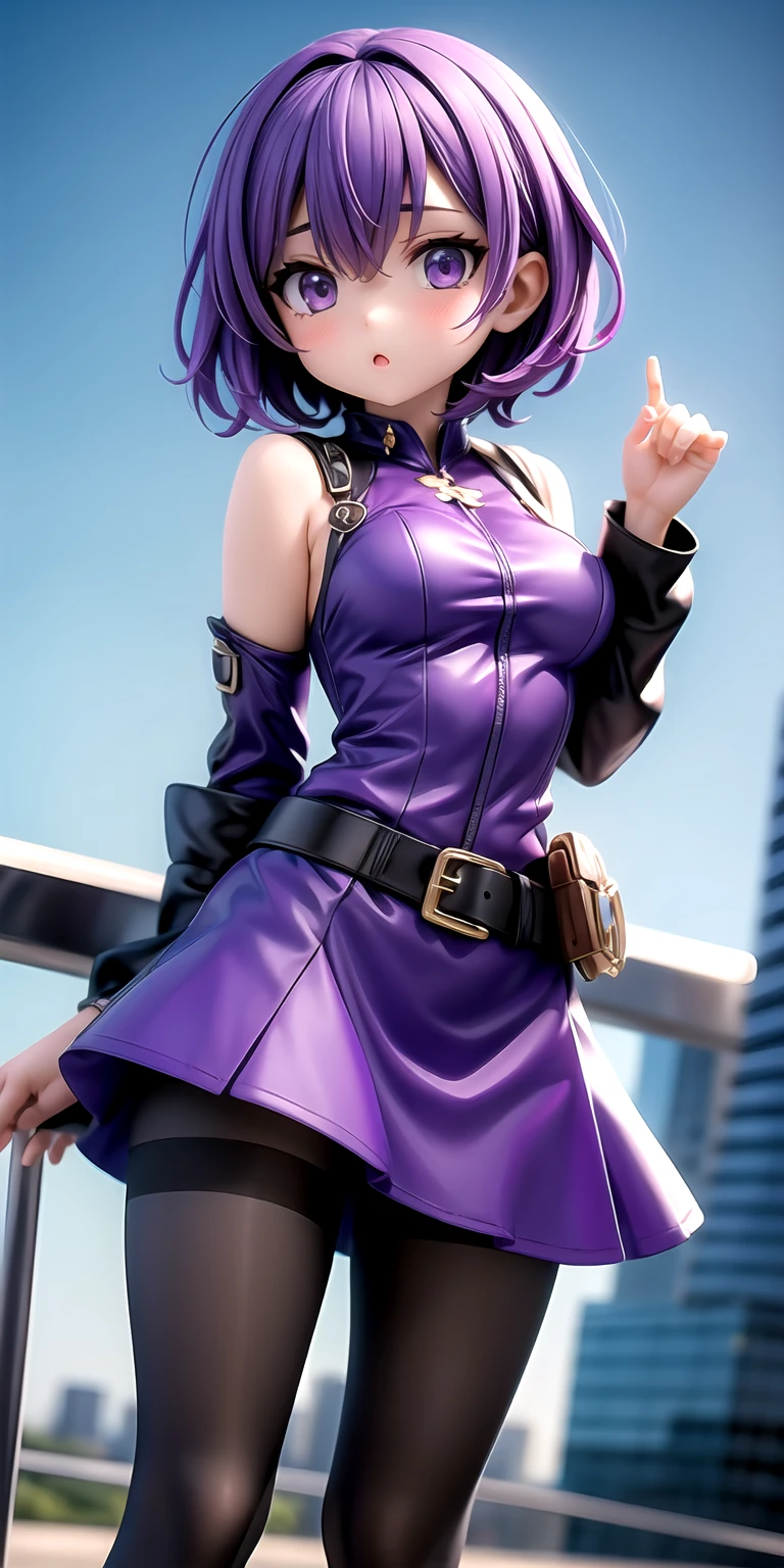 masterpiece, best quality,KFC, 1 Girl, Bangs, only_Shoulder, skirt, breast, Gloves, Jewelry, Large target_breast, long_hair, long_sleeve, Pantyhose, purple_Eye, purple_hair, shirt, Solitary,Viewer,sunglasses,Bikini, (sun, cloud,A renaissance city by the water,outdoor :1.1),Rendering in Blender((Isometric)),