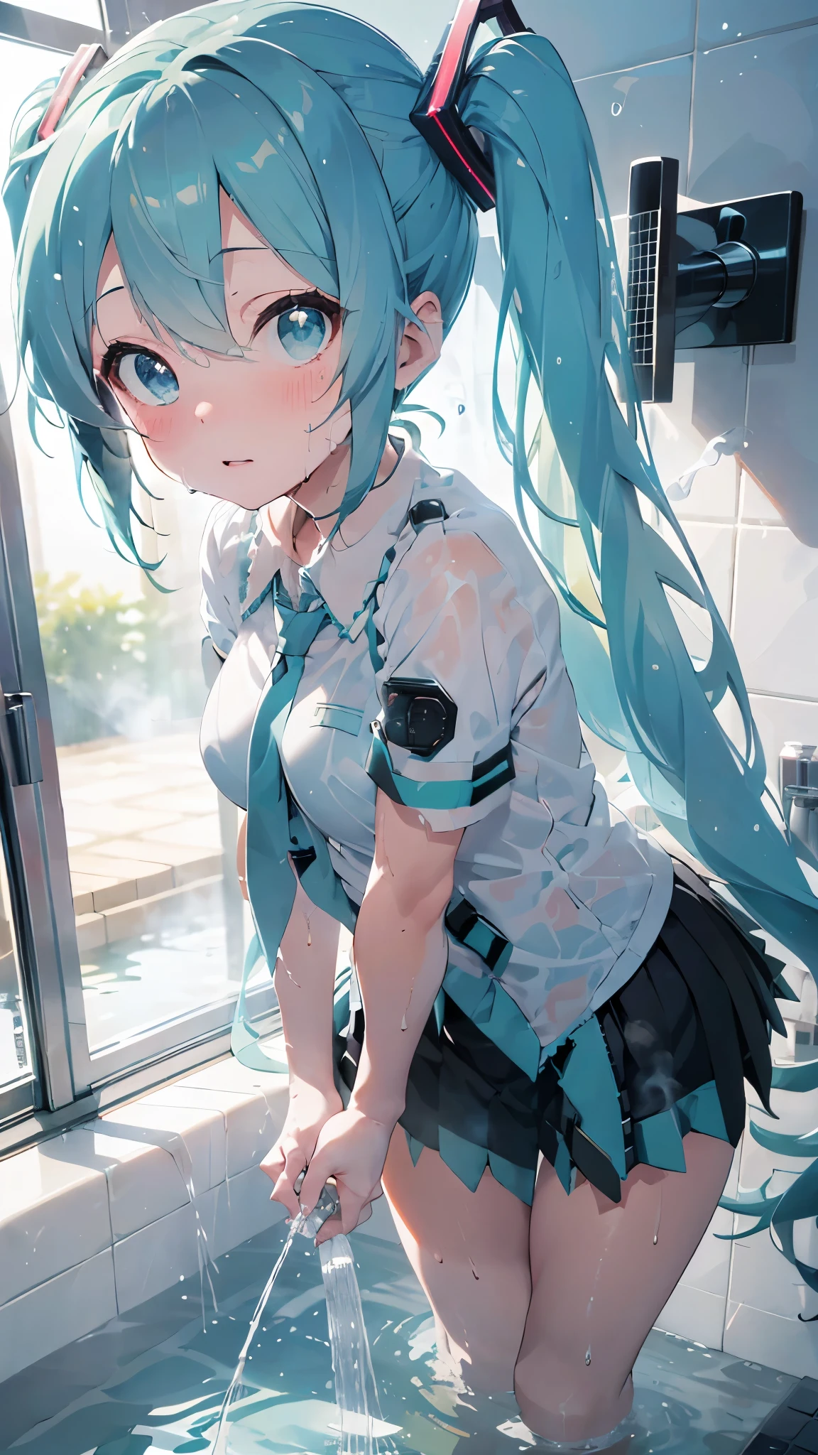 (Masterpiece,Best Quality,ultra-detail,Best Shadows,Perfect composition),(portrait:1.5),above front view,(solo:1.5),very cute girl,(Hatsune Miku,sorked hair,light blue twin-tails hair:1.5),Face up,very cute face,close both eyes,shy face,blushing,whole body is wet,(Soaked uniform:1.3),big tits,slender body,long legs,Have a shower head,Taking a shower on chest,The water comes out of the shower with force,in the luxury bathroom,(Steam:1.5)
