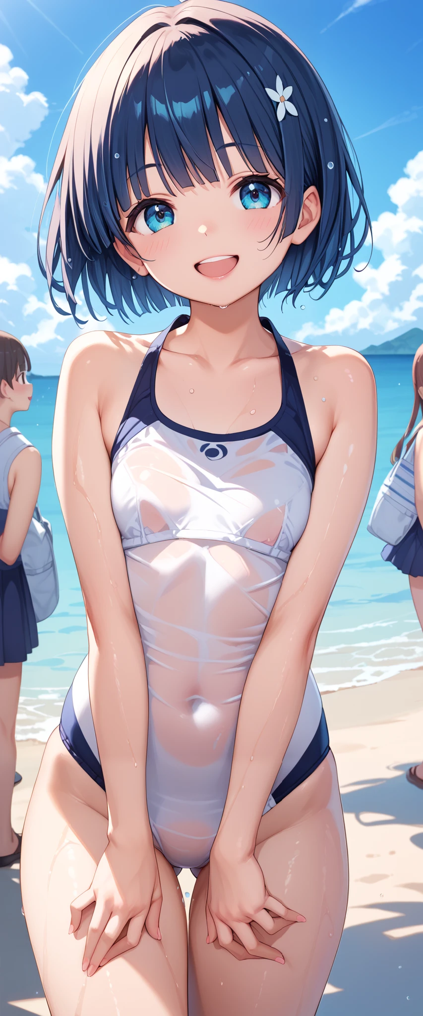 (masterpiece,highest quality,super A high resolution),Japanese woman, (((Very beautiful 2))), cute、 Look at the cameraman 、 (()), とってもcute顔, glossy lips, Double eyed ,自然なsmile、 Natural Cosmetics, long eyelashes, smooth and shiny hair 、【Image Center, perfect limb, perfect anatomy,((blue and white swimsuit ,)))、,(wet),ocean,((Saten Ruiko))(( open your mouth ,teeth,smile))dynamic pose viewed from the bottom of the back,crowd