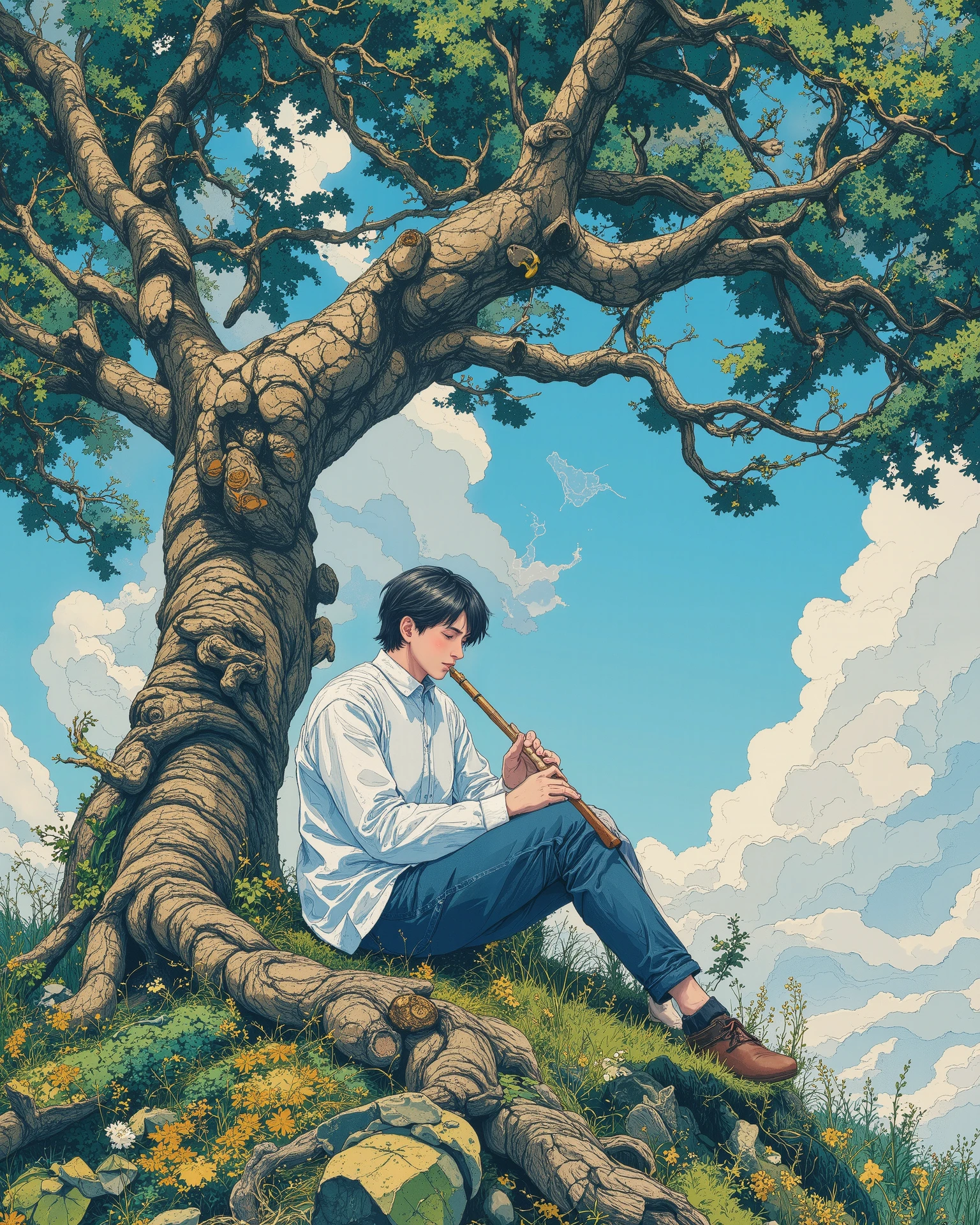 "A peaceful anime-style scene of a young boy sitting under a large, ancient tree on a grassy hill. He is playing a flute, eyes closed, lost in the melody. The sun shines brightly, casting dappled light through the lush green leaves. The sky is a vibrant blue with soft, fluffy clouds drifting in the distance. The hill is covered in small wildflowers and swaying grass. The atmosphere is warm, calm, and serene, evoking a sense of nostalgia and harmony with nature. The art style is detailed, inspired by Studio Ghibli, with soft shading and rich colors."