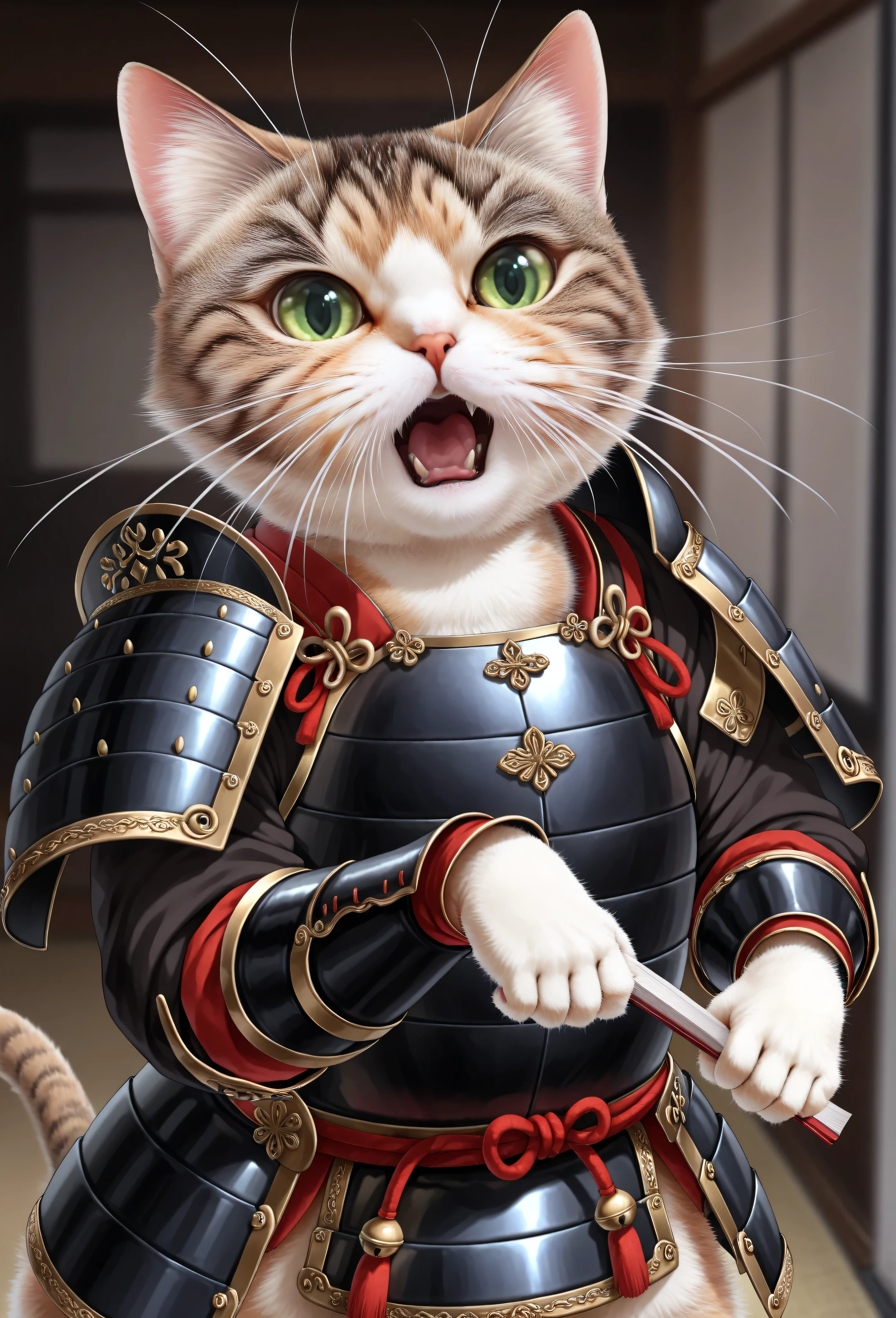 (masterpiece, best quality:1.2), animal focus, no humans, cat in samurai armor, holding a decorative folding fan with bold patterns, open mouth as if laughing, looking at viewer with playful green eyes, intricate armor details with gold and red accents, blurry background, dynamic cowboy shot angle

