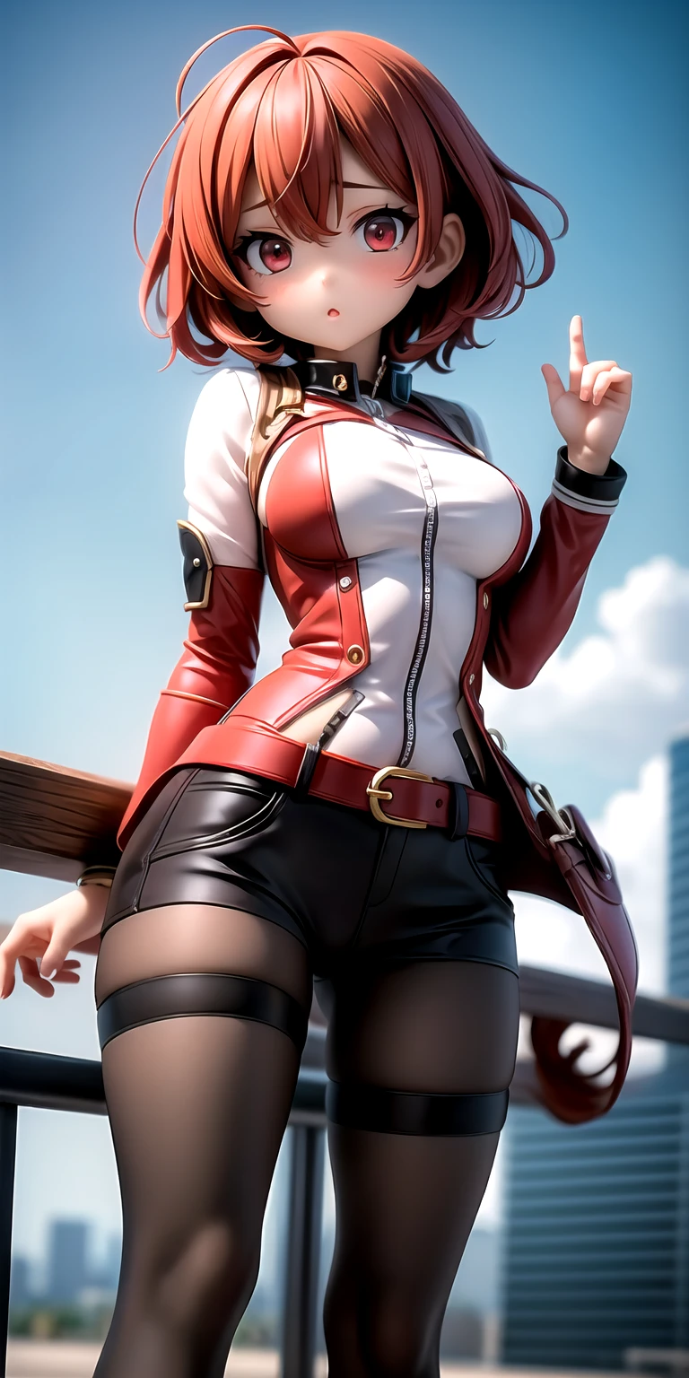 masterpiece, best quality, full body standing straight symmetrical, sfkarin, hair bow, ascot, red jacket, long sleeves, frilled skirt, pantyhose, standing, looking at viewer, from below, looking at viewer, smug, smile, sky, clouds, thighs,