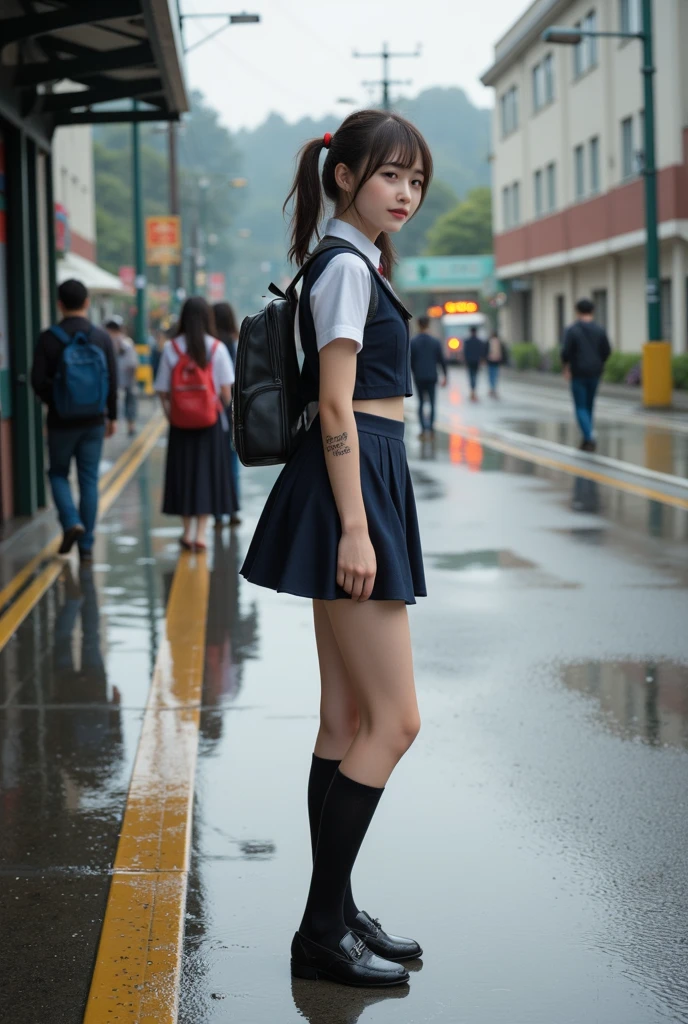 Tall, black-skinned, large-breasted, Chinese woman with tattoos, dressed as a schoolgirl, in a park background. 