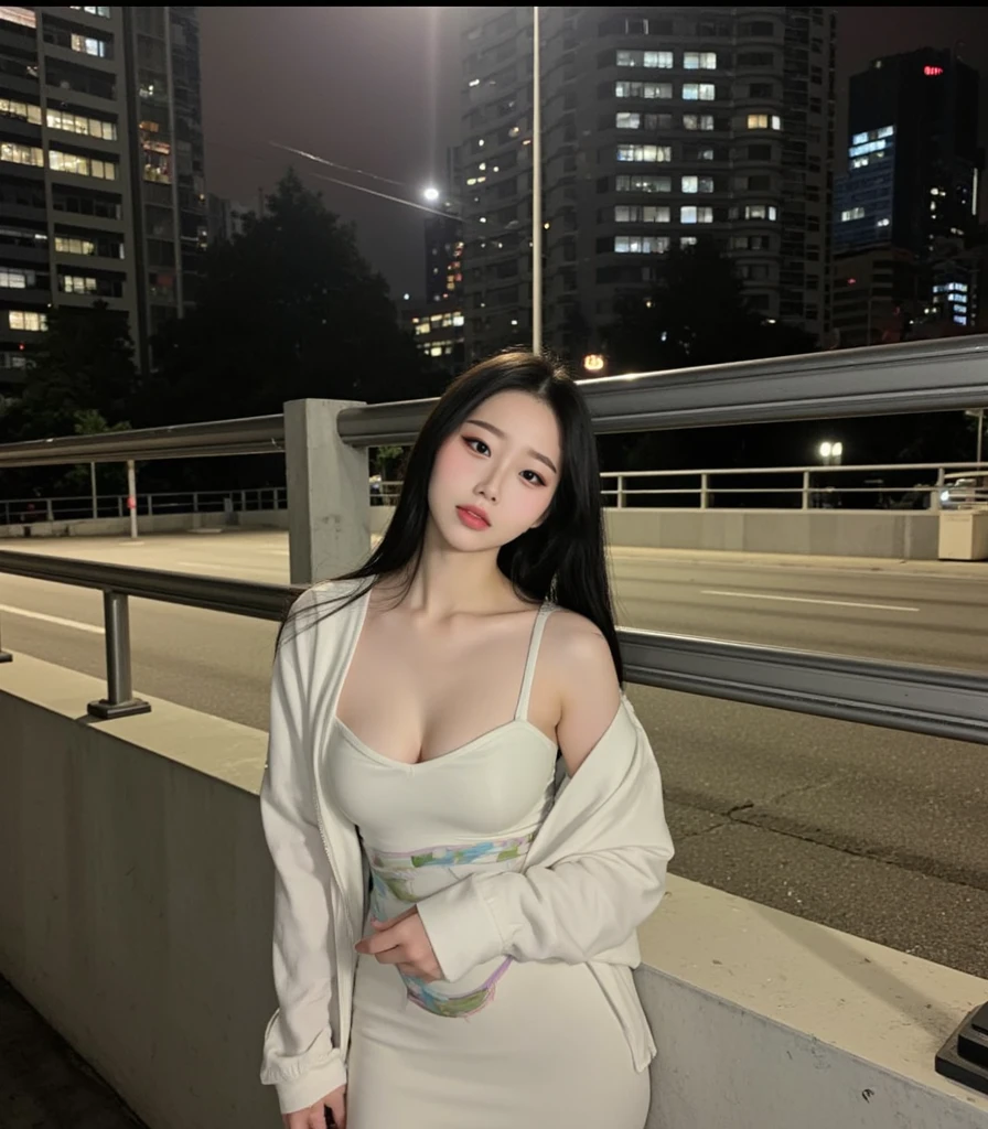 ((Midnight、Highest quality、8k、masterpiece:1.3)), Full Body Lesbian, Long legs, Sharp focus:1.2, Beautiful woman with perfect figure:1.4, Slim Abs:1.1, ((Medium-sized, unkempt black hair、Huge breasts:1.2)), (White tight T-shirt、Tight skinny white silk skirt 、standing:1.2), ((Night city view、On the roof:1.3)), Highly detailed face and skin texture, Detailed eyes,