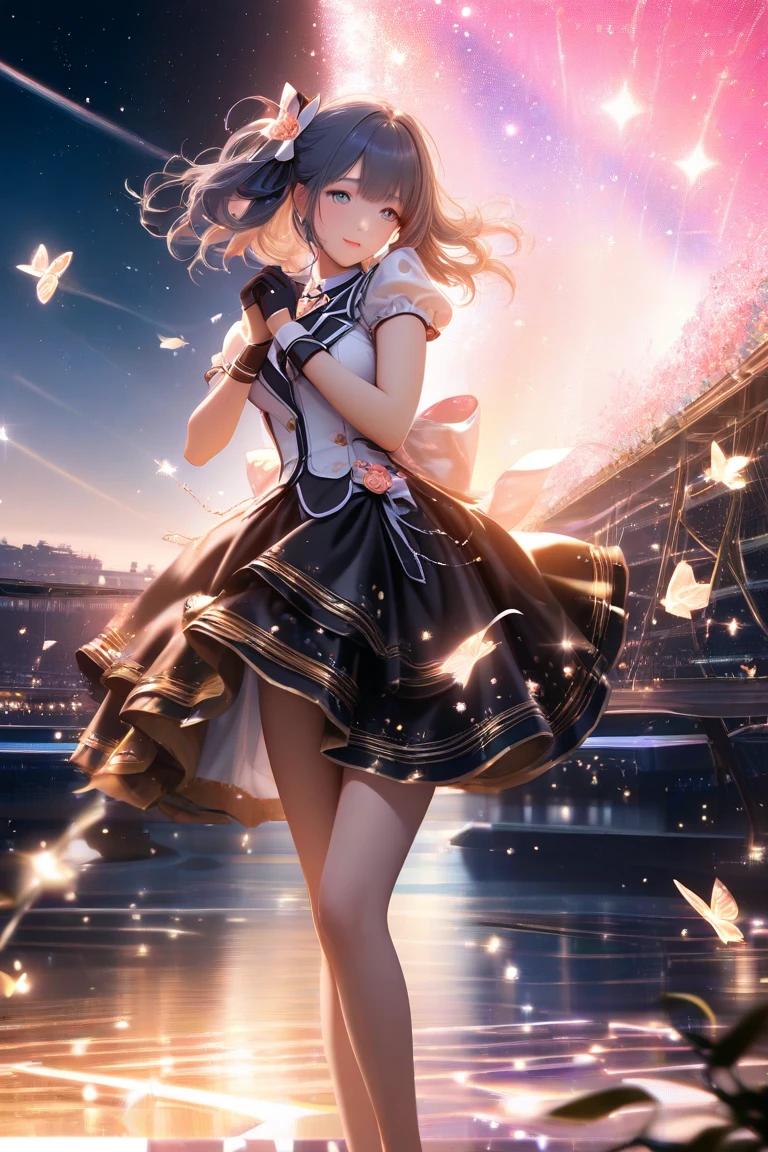 Kinomoto Sakura, Sakura CardCaptors, roses, ornament hair, brown hair, short hair, 1 girl, Looking at the audience, flowing hair, floating hair, Beautiful Eyes, Plump and glossy lips, Idol, dress with too many frills, white dress, white laces, white Short skirt, Drape clothes, gem, Lace trim, bright stage, luxury gold details, gold jewelry, more details, best quality, Big sparkling eyes, blushing, Striped Lace Stockings, white Lolita skirt, sparkle, solo, centered girl, cowboy shot, perfectly body, perfectly hands, two arms, two legs, two hands, five fingers, perfect anatomy, glowing hair, petals, 1girl, dress, solo, flowing hair, floating hair, short hair, ornament hair, perfectly body, perfectly hands, on the stage, petals, more details on her clothes, dress with transparency, golden details on her dress, night, holding a microphone, ((4k, masterpiece, top-quality)), 8k, best quality, high resolution, UHD, (illustration:0.8), super cute girl, delicate and beautiful face, mature girl, super cute hairstyle, short hair, (beautiful detailed eyes:1.6), extremely detailed face, perfect lighting, extremely detailed CG, (perfect hands, perfect anatomy), Best quality ((4k, masterpiece, top-quality)),8k, best quality, high resolution, HD, (illustration:0.8), super cute girl, delicate and beautiful face, mature girl, super cute hairstyle, (beautiful detailed eyes:1.6), extremely detailed face, perfect lighting, extremely detailed CG, (perfect hands, perfect anatomy), Best quality, cleavage, small skirt, full Body, two arms, two legs, two hands, five fingers