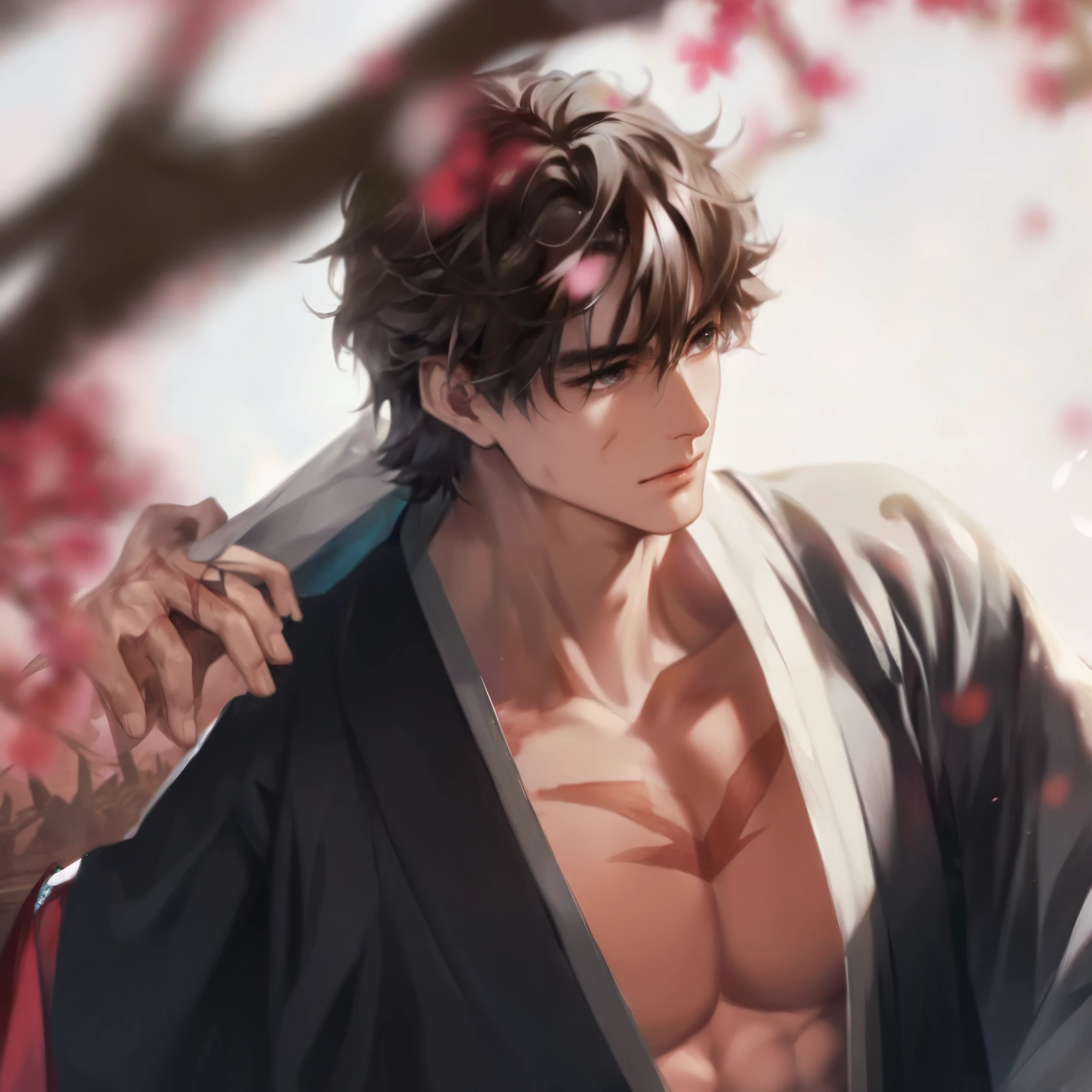 absurdres, highres, ultra detailed, HDR, masterpiece, extremely detailed face and eyes, Kurosaki Ichigo, orange hair, expressive brown eyes, Bleach, solo, sexy man, handsome, black coat, black tight shirt, toned chest, black pants, patterns, spring, blossoms, petals, birds