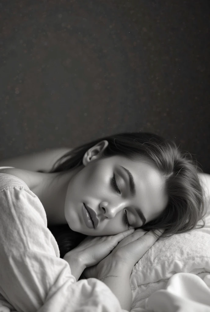CHILD woman with a headband and closed eyes, sleepy fashion model face, dreaming face, peaceful face, beautiful languid princess, peaceful expression, taylor swift as a celestial angel, black and white portrait, p&m photo, sleeping princess!!!!, sleepy, head resting on hands, with eyes closed, black and white portrait, solemn expression
