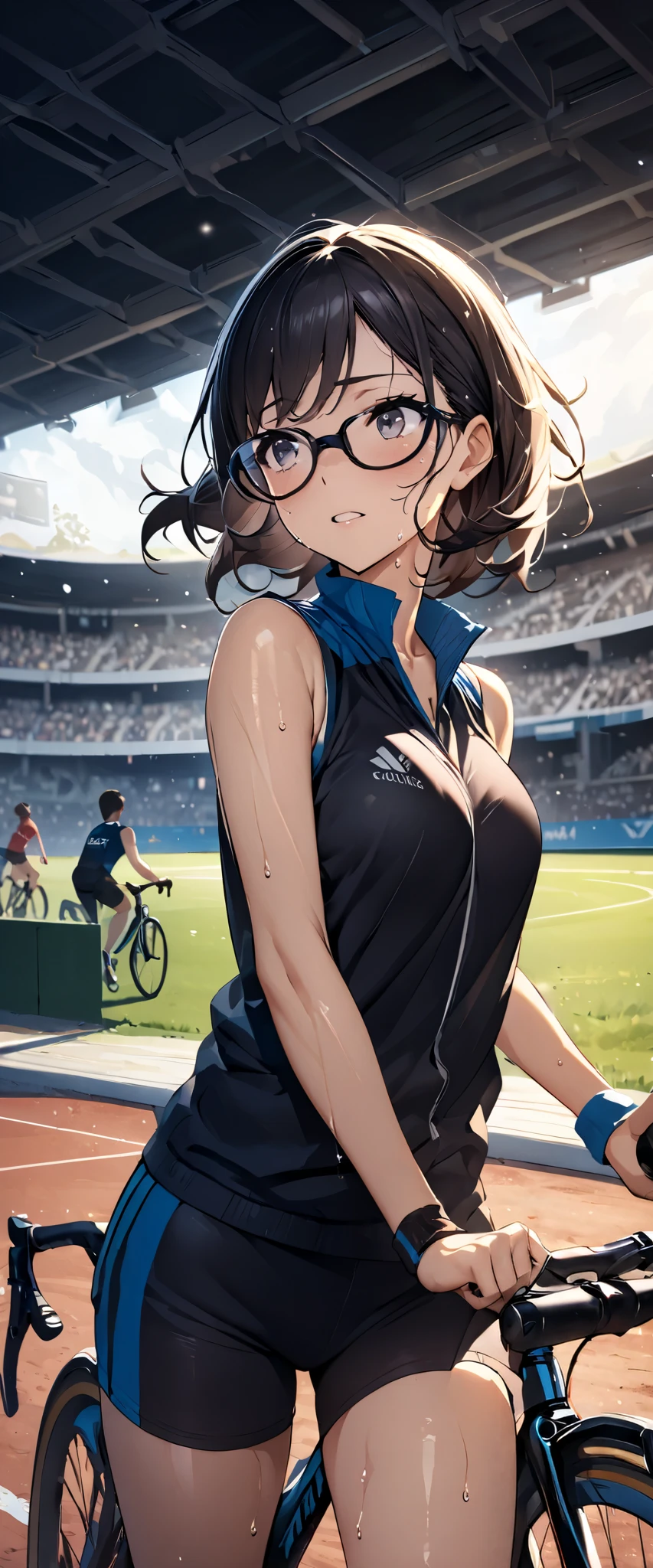 (((masterpiece)))、((highest quality))、(super detailed)、(CG illustration)、(Very beautiful woman))、 cinematic light 、((1 Female))、 、(Beautiful and luxurious:1.2)、(1 woman:1.3)Sports Stadium,,((Sleeveless track and field athletes ),is sweaty and wet,Beautiful ponytail, Right Ratio between People and Bicycles ,,Rokka,( clothes can be seen through the bra )glasses