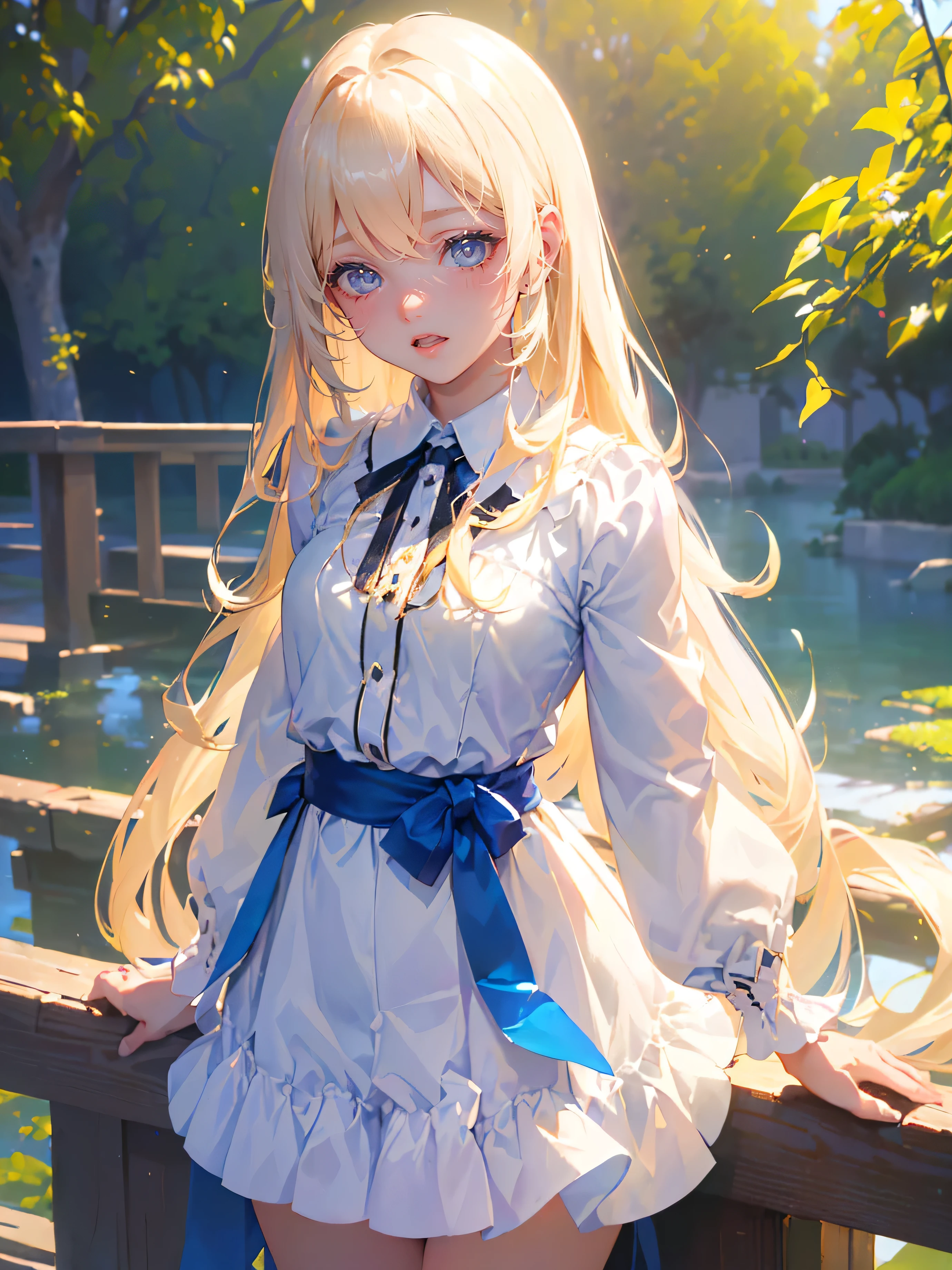 Spring lakeside、((masterpiece, best quality, best image quality 、blue sky、bright and beautiful face、 young, Fair and Radiant Skin、Best Look、blond with a big face,Reflects dazzling light、Beautiful platinum blond with a big face extra long silky straight glossy hair、long bangs、unusually beautiful 、beautiful、cute beautiful girl、smile、Moderate、cowboy shot, look up, High Resolution, masterpiece, anatomically correct, accurate, numerous awards for the future, highest quality, Ultra High Definition, textured skin, Read more,