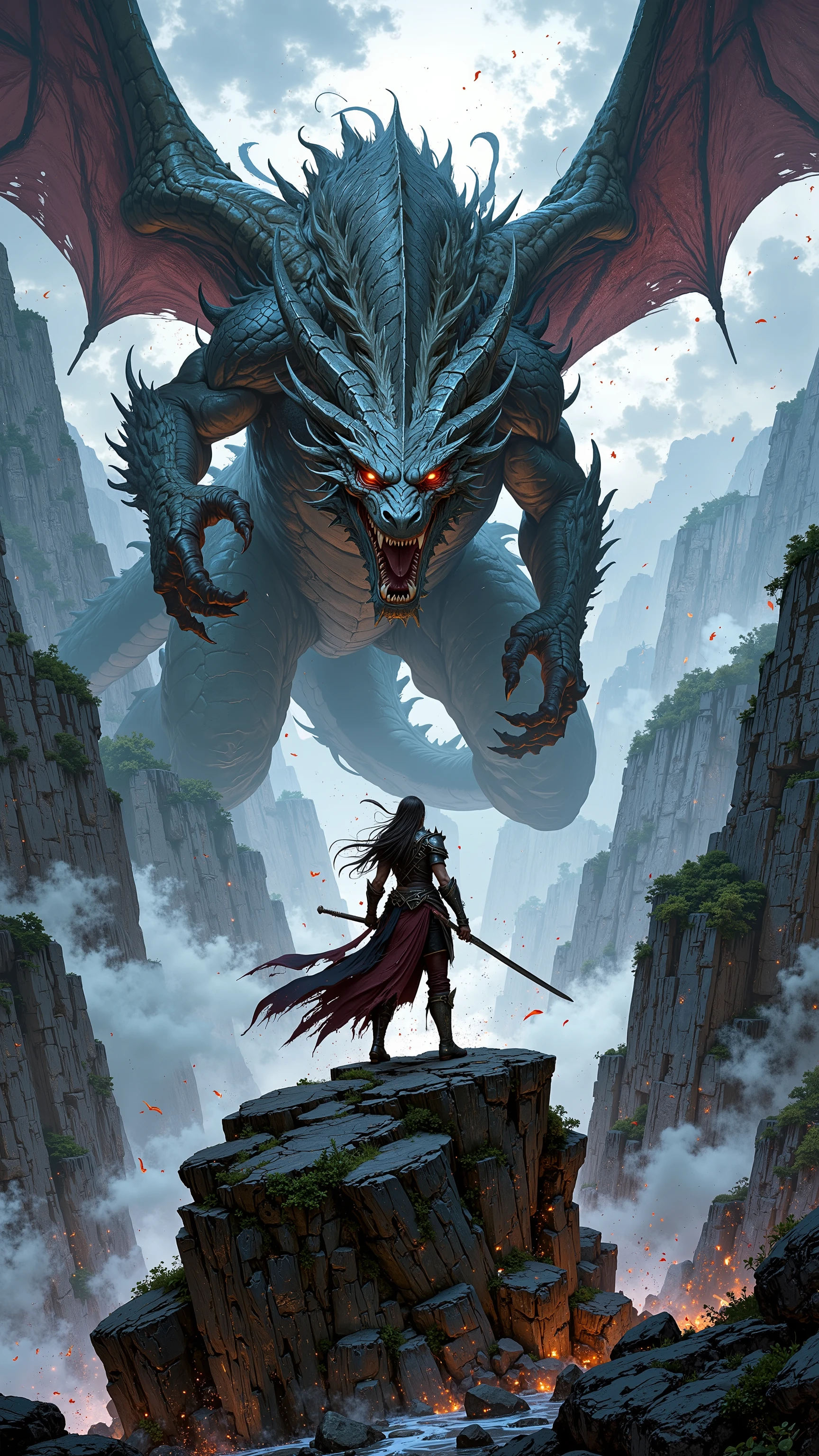 wide-angle lens from the top,beautiful female warrior, Wearing armor, Holding a sword, fighting posture , A dragon stands on top of a mountain,Abyss Gorge, storm,Perfect composition, Realistic photographic image, of the highest quality,Dynamic