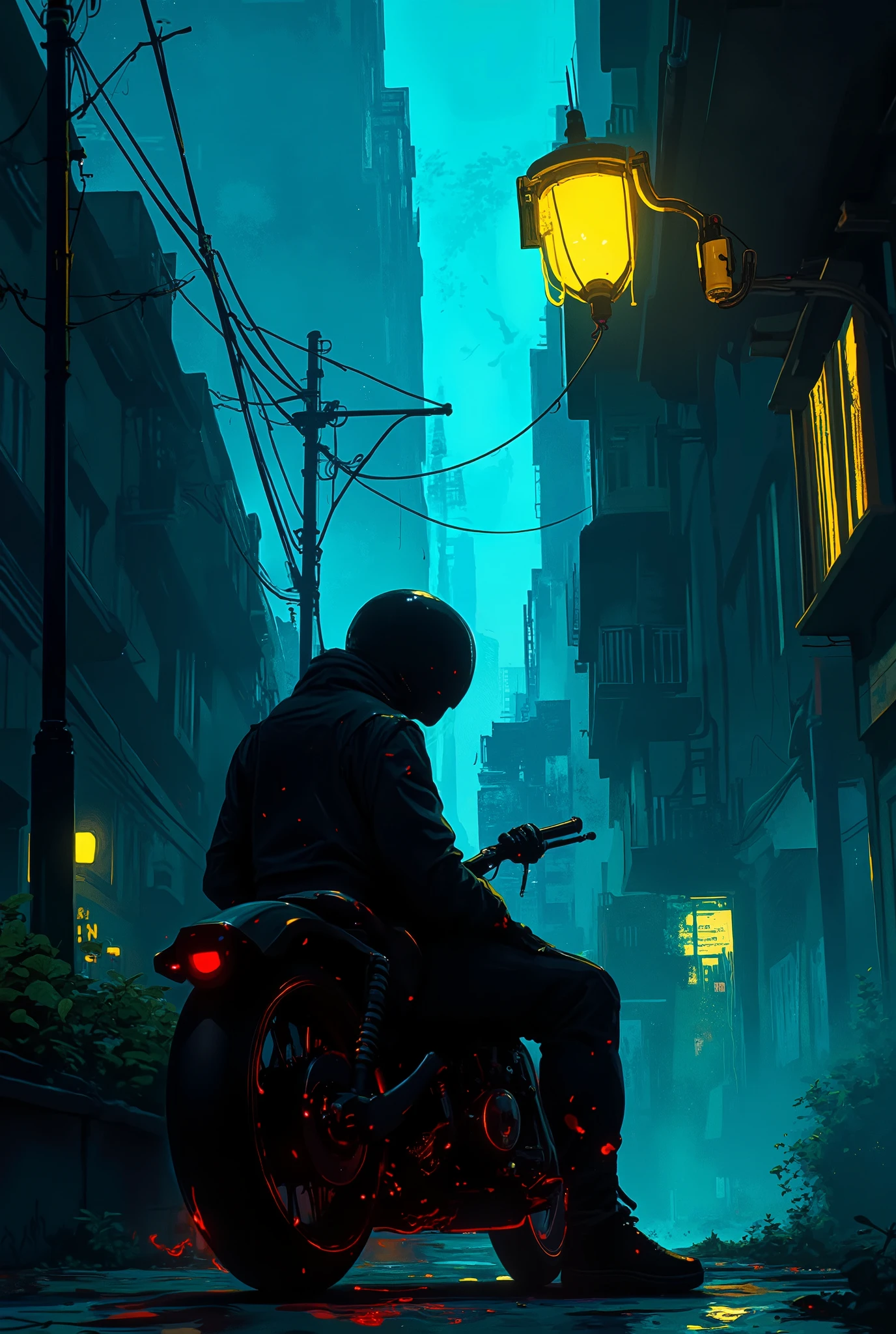 Midnight, is completely dark, dark cityscape except directly under the street,silhouette of a man sitting under the street,American motorcycle with fastened, cigarette smoke,rider suit,Has a strong presence,high quality,4K,realistic,professional,Excellent Details,vivid colors,Lighting Effects,Urban Fantasy,Cinematic,Dark Tone,Urban Atmosphere,The tense