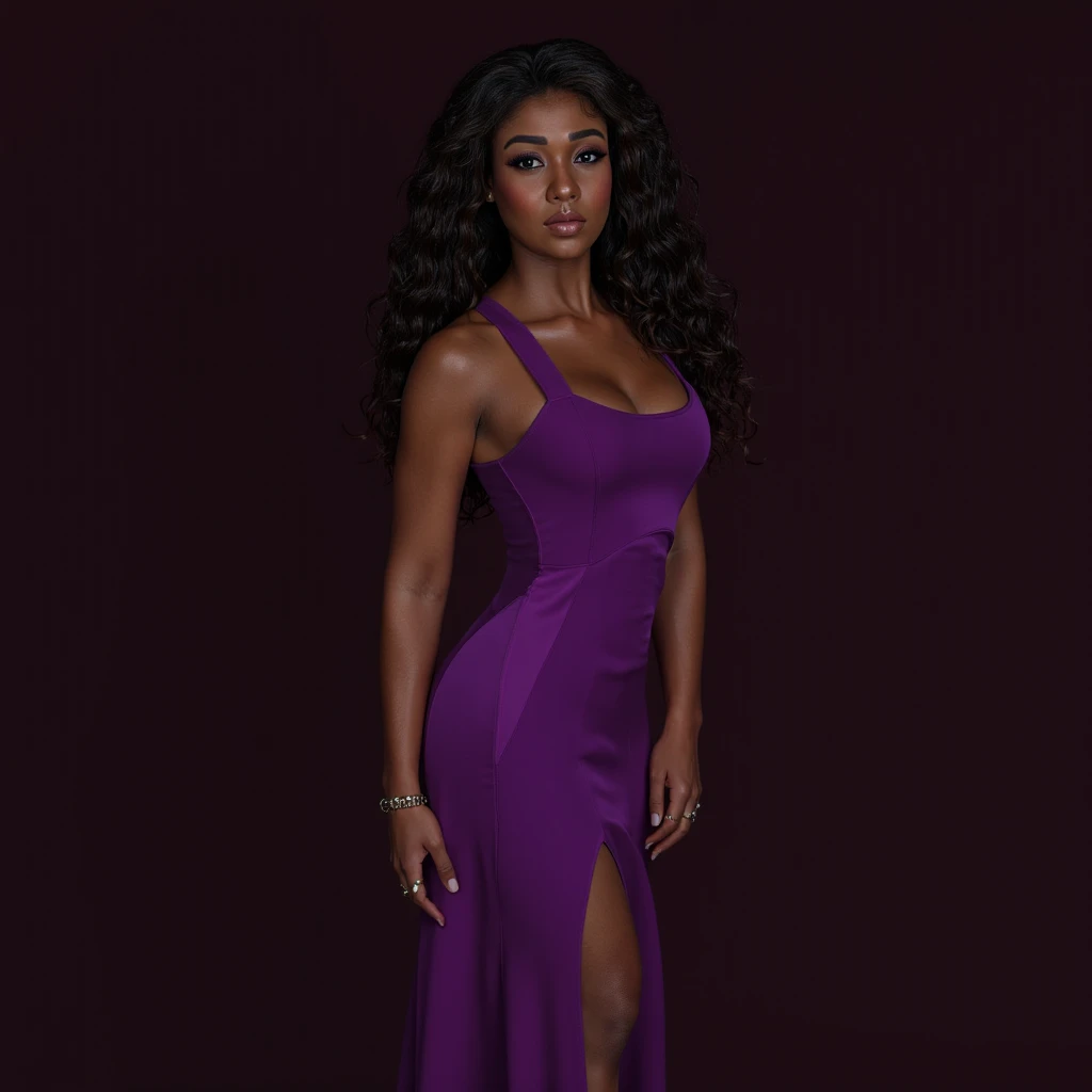 In a medium shot, a beautiful 20-year-old influencer is charismatic and sensual, with afro skin and wavy fuchsia-colored hair, a medium-sized upturned nose, full lips, large dark eyes, she is tall, she is 1.75 tall, , she is at an elegant black-tie party, she is dressed in a long white dress with sparkles