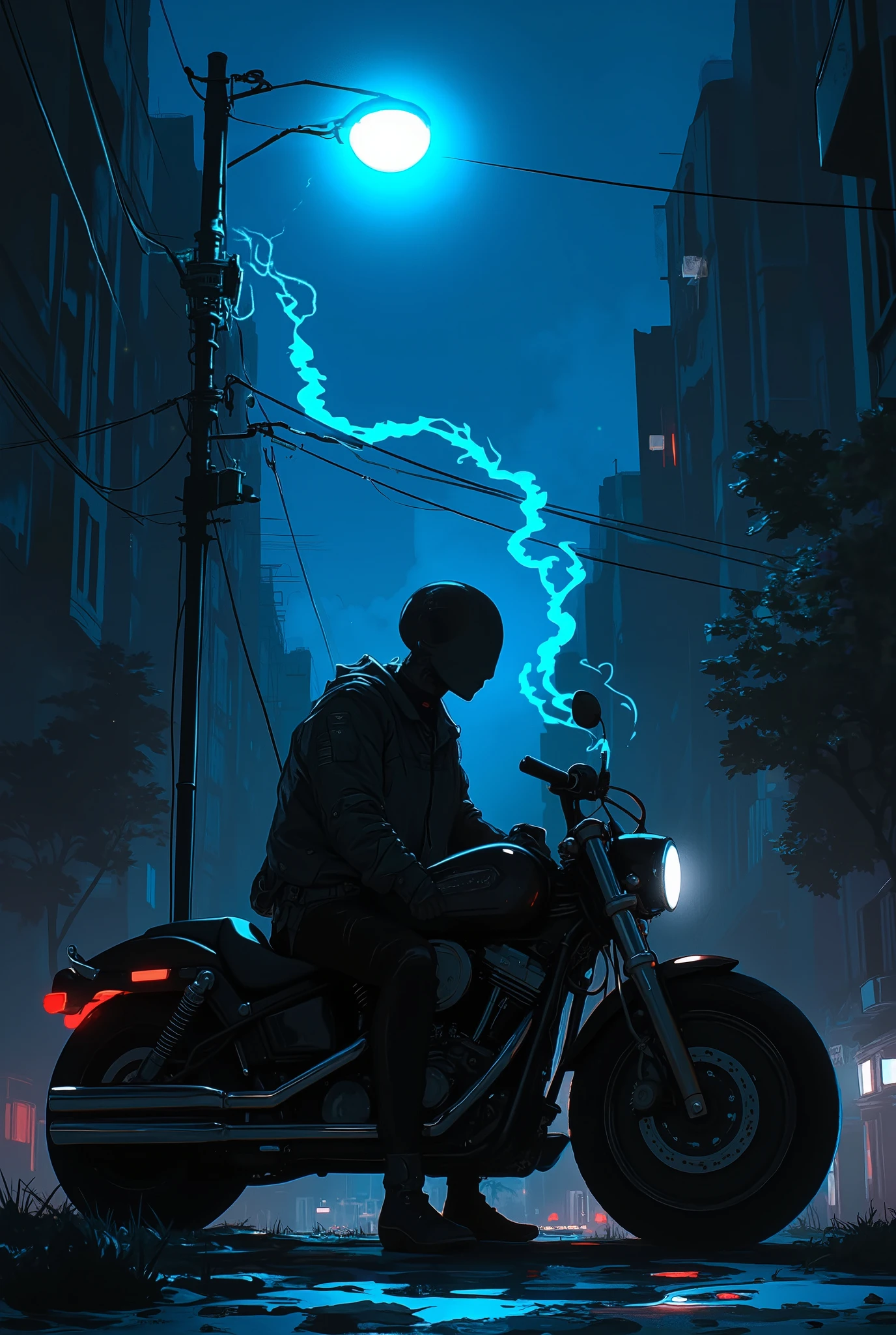 Midnight, is completely dark, dark cityscape except directly under the street,silhouette of a man sitting under the street,American motorcycle with fastened, cigarette smoke,rider suit,Has a strong presence,high quality,4K,realistic,professional,Excellent Details,vivid colors,Lighting Effects,Urban Fantasy,Cinematic,Dark Tone,Urban Atmosphere,The tense