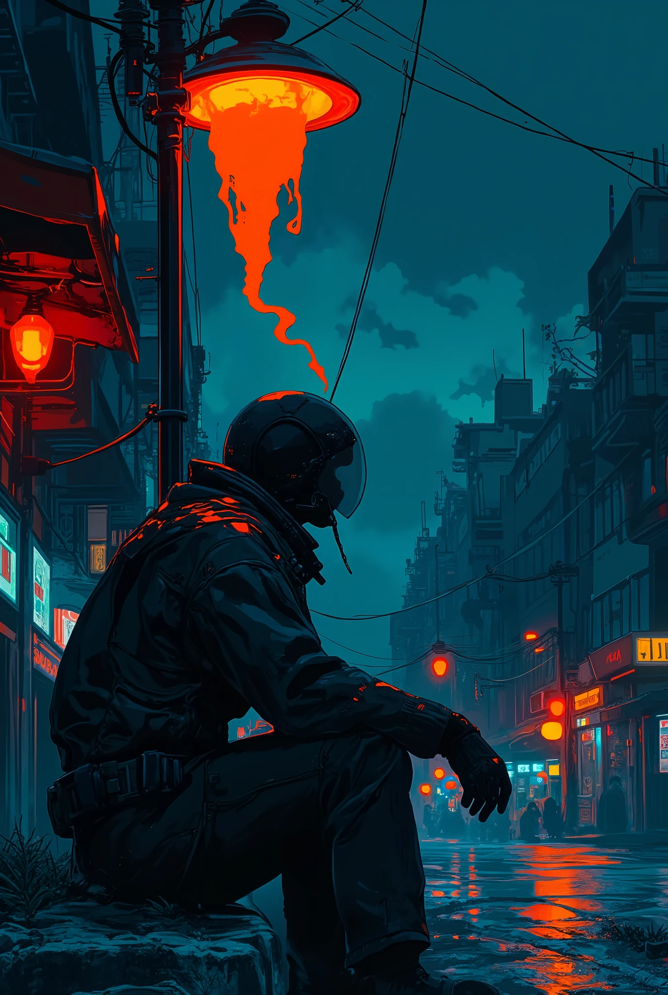 Midnight, is completely dark, dark cityscape except directly under the street,silhouette of a man sitting under the street,American motorcycle with fastened, cigarette smoke,rider suit,Has a strong presence,high quality,4K,realistic,professional,Excellent Details,vivid colors,Lighting Effects,Urban Fantasy,Cinematic,Dark Tone,Urban Atmosphere,The tense