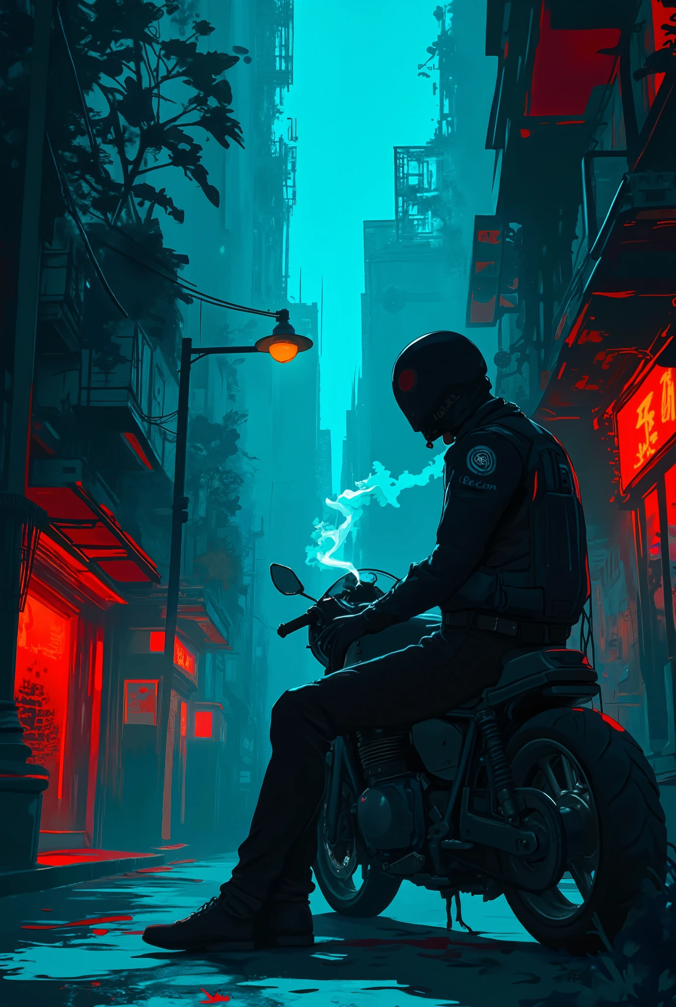 Midnight, is completely dark, dark cityscape except directly under the street,silhouette of a man sitting under the street,American motorcycle with fastened, cigarette smoke,rider suit,Has a strong presence,high quality,4K,realistic,professional,Excellent Details,vivid colors,Lighting Effects,Urban Fantasy,Cinematic,Dark Tone,Urban Atmosphere,The tense