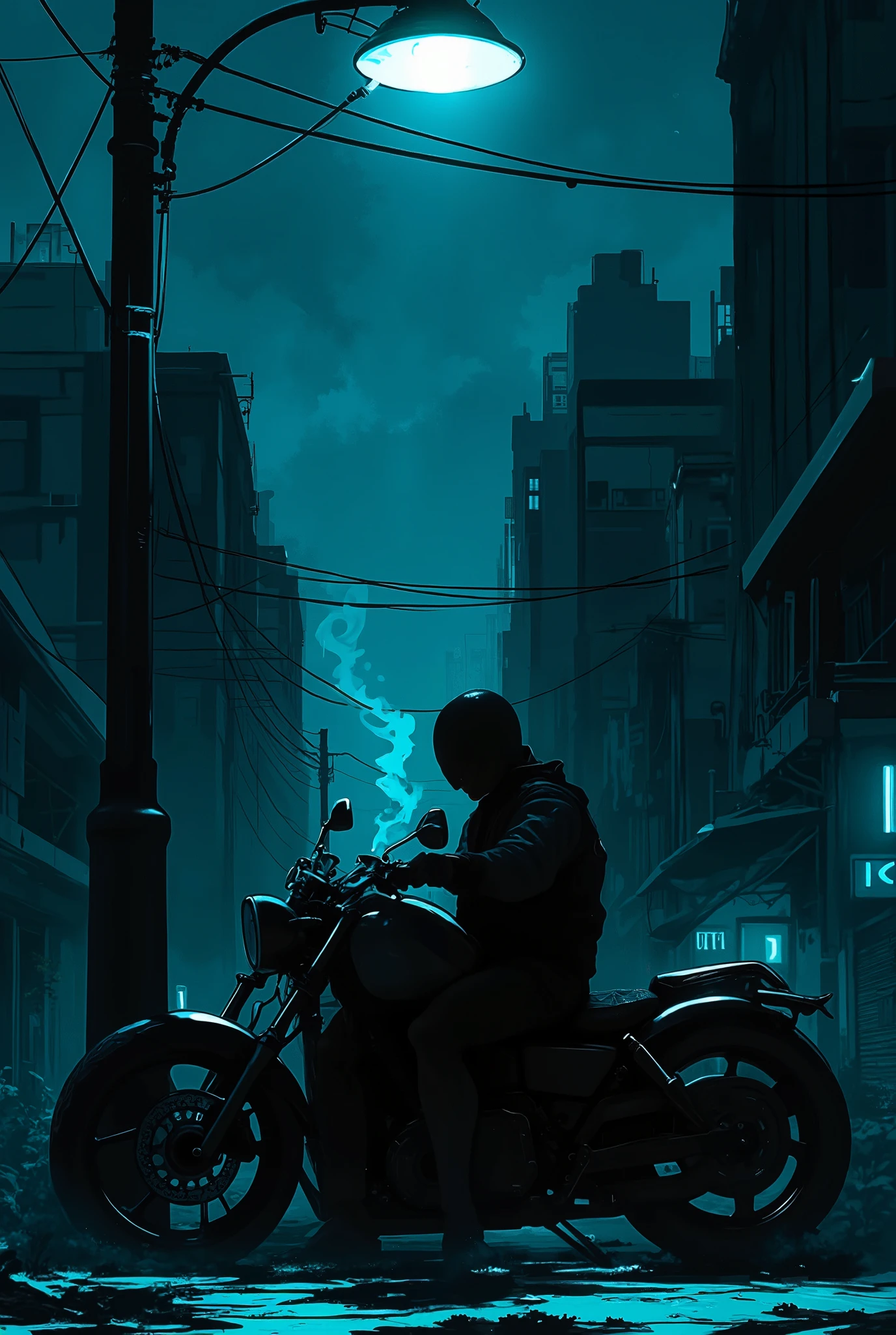  Midnight, is completely dark, dark cityscape except directly under the street,silhouette of a man sitting under the street,American motorcycle with fastened, cigarette smoke,rider suit,Has a strong presence,high quality,4K,realistic,professional,Excellent Details,vivid colors,Lighting Effects,Urban Fantasy,Cinematic,Dark Tone,Urban Atmosphere,The tense 