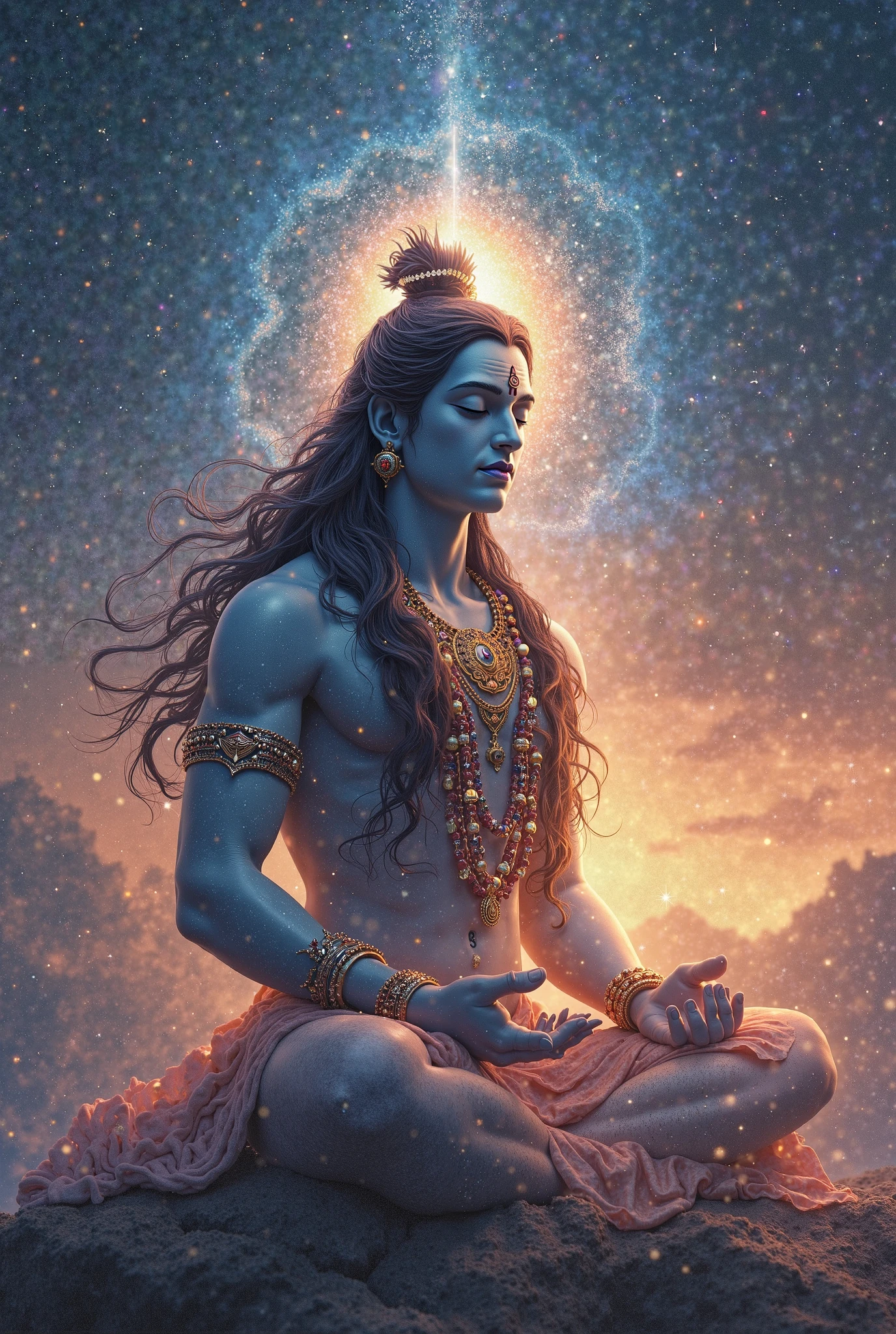 make a picture of lord Shiva, handsome, side view, background universe, lord Shiva grey colour skin, body with aura, body with aurora, handsome, blue glowing with 3rd eye, background colour universe , meditate under the cherry blossom tree, Mahadev, Shiv, wearing tiger skin , rudraksha, with glowing 3rd eye , rudraksha in biceps, under the cherry blossom tree , glowing aura, glowing blue eyes , Mahadev, Shiv , side view , meditate .