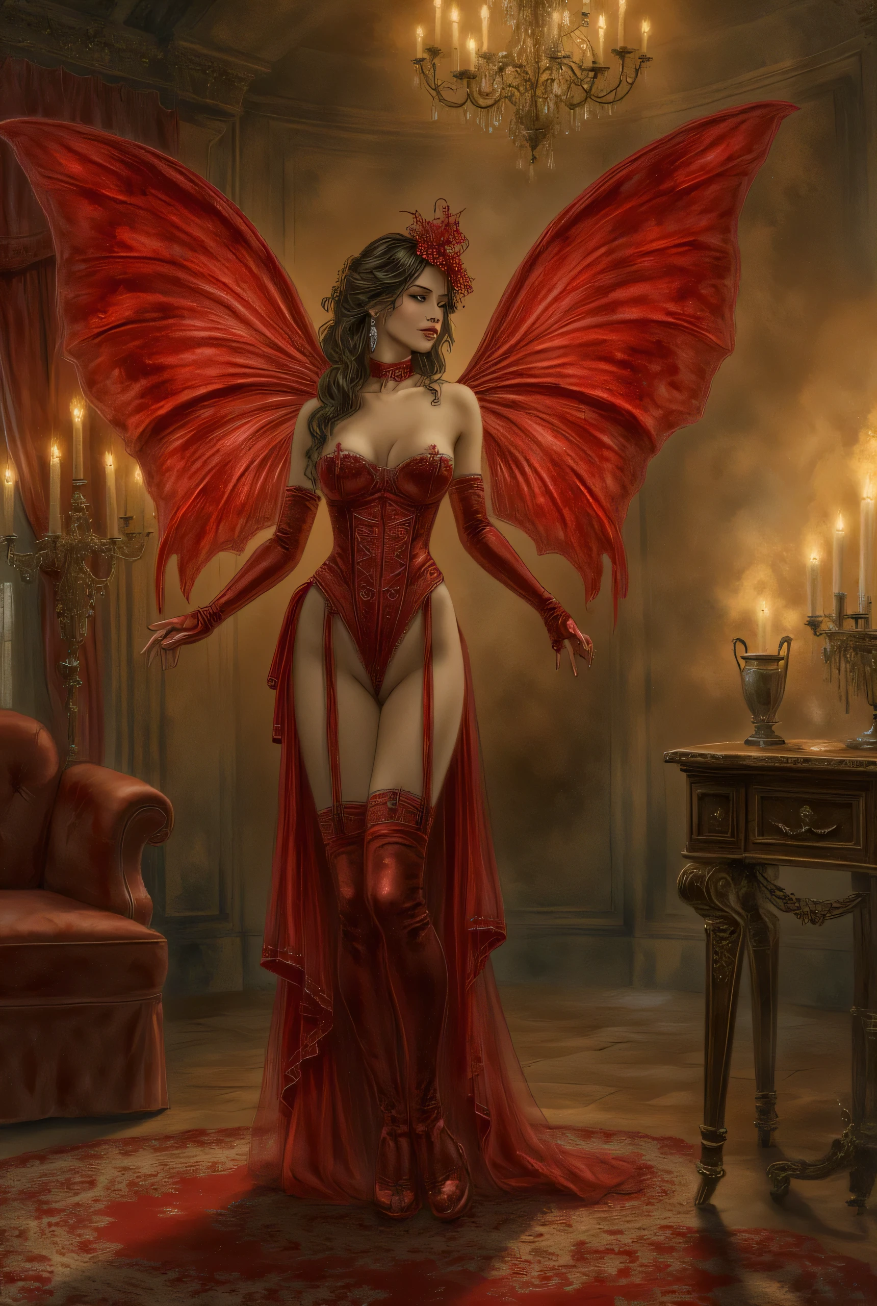 A highly detailed photograph of a Victorian fairy, dressed in an elegant, form-fitting red velvet corset with a matching short velvet skirt, adorned with intricate lace details. Her shimmering crimson wings, with feathery edges, catch the soft glow of vintage candlelight. She stands gracefully in an opulent Victorian parlor, surrounded by rich mahogany furniture, ornate wallpaper, and delicate lace curtains. The room is bathed in the warm, golden light of a crystal chandelier, highlighting the fine textures of her velvet attire and the vibrant glow of her wings, blending seamlessly with the luxurious decor.