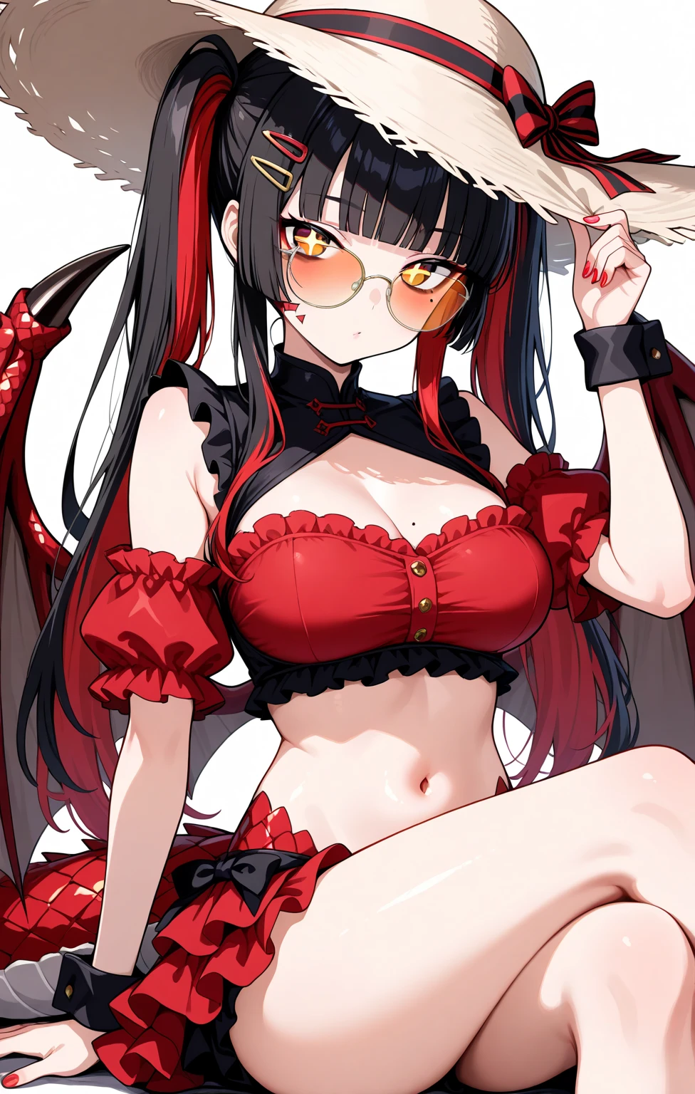 (masterpiece, top quality, best quality, official art, beautiful and aesthetic:1.2), 8K Wallpaper, bloom effect, (1 Vampire girl:1.4), extreme detailed, colorful, highest detailed ((ultra-detailed)), (highly detailed CG illustration), ((an extremely delicate and beautiful)), bloom effect, light rays, strong light coming in, Deep Shadows, cinematic light, (Gothic Cathedral background), (from front),
((1mechanical girl:1.2)), (:1.5, child:1.5 10yo), ((Perfect hands, Detailed fingers, Detailed eyes, Perfect legs, Detailed legs)), solo, full body, ((machine made joints:1.3)), Doll joints, ((All mechanical limbs:1.3)), Doll limbs, Doll Body, ((mechanical attachment to neck:1.2)), ((squatting:1.4, spread legs:1.4, arms behind head)), nose blush, (character focus), Perfect Anatomy,
(navel, navel tattoo, revealing clothes, bare waist, Clawless Strings, Micro Bikini:1.3), (Flat chest:1.5),
((Black choker:1.4, Black cape:1.3)),
length hair, (Blunt bangs), ((black hair,
blonde dip-dye hair, red inner hair:1.3)), (bun hair), White skin,
(open mouth, tongue out, makeup, cum, cum in mouth, steam, pussy juice, breath), ahegao, Micro Bikini, cleavage, strap, testicles, cum on tongue, uncensored,
(Heterochromia, Golden eyes, Purple eyes), Huge multi-layered pupils with color gradients, ((Glitter pupils)), (Gradient color eyes), Eyelashes, Red Eyeshadow, Red Eyeliner, Red lips,
Dark fantasy world, Looking at viewer,